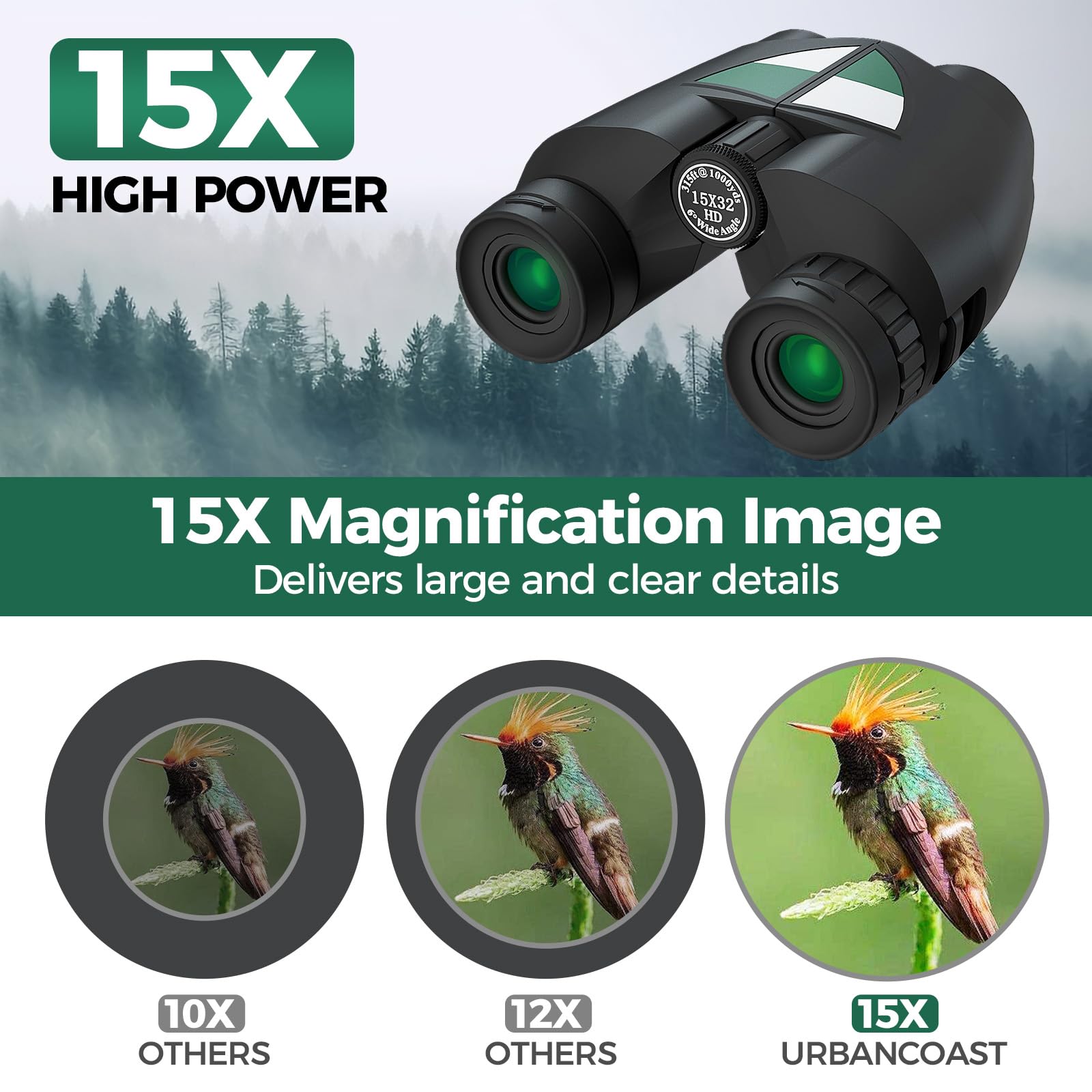 Urbancoast 15X32 Compact Binoculars For Adults And Kids, High Power Lightweight Small Binoculars With Phone Adapter For Concert Cruise Ship Hiking Bird Watching Travel Safari Viewing Football Sports