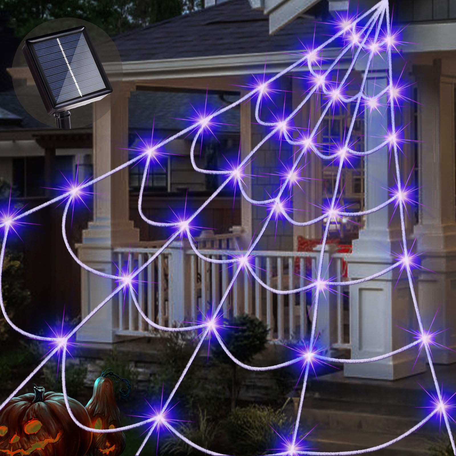 Liveasily Outdoor Solar Powered Halloween Decorations Spider Web Lights, 14.8 X 16.4 Ft Triangular White Spider Web With 135 Led Purple Lights, Large Size Solar Halloween Decor…