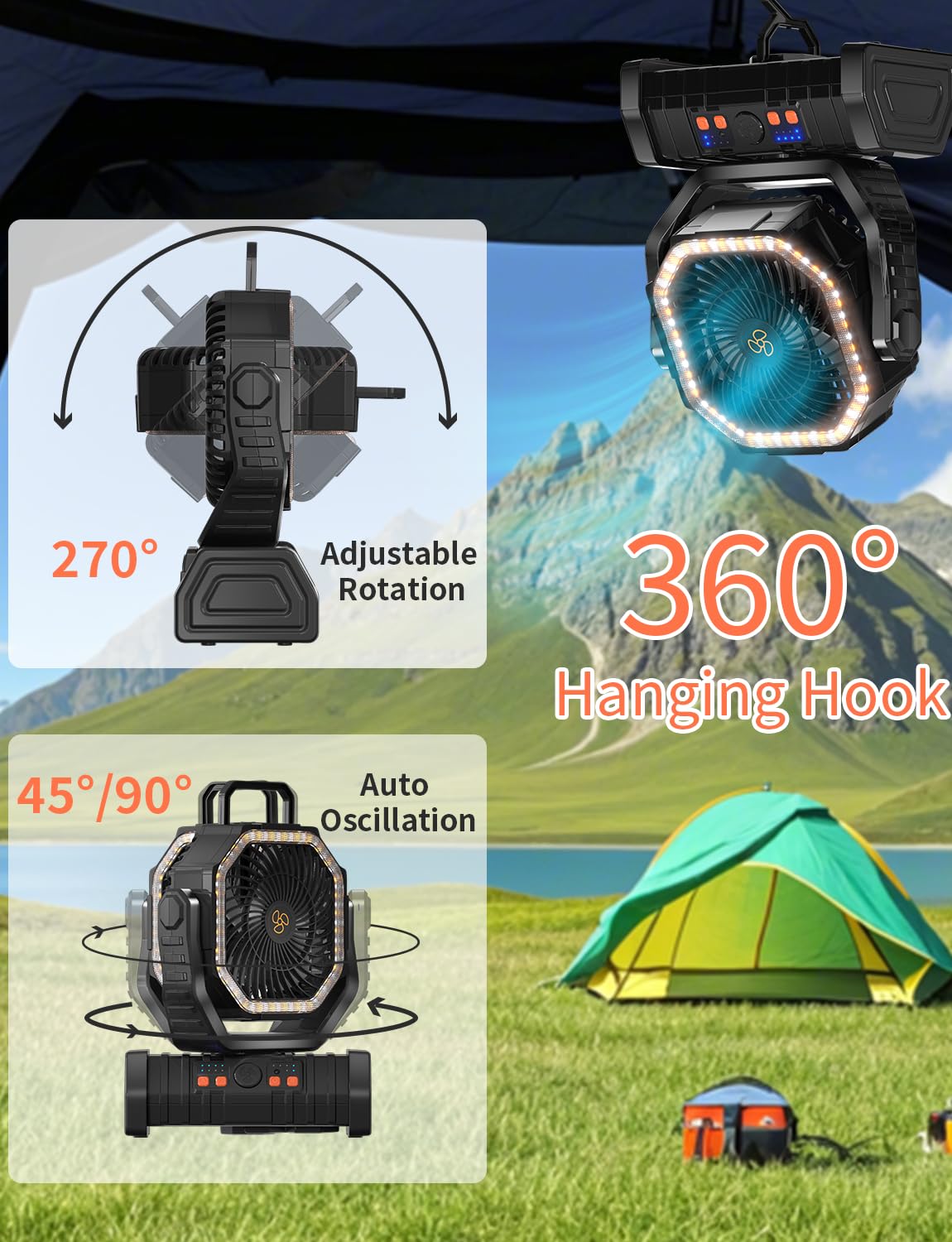 Battery-operated outdoor fan with LED lantern light, portable and ideal for camping tents and night-time cooling