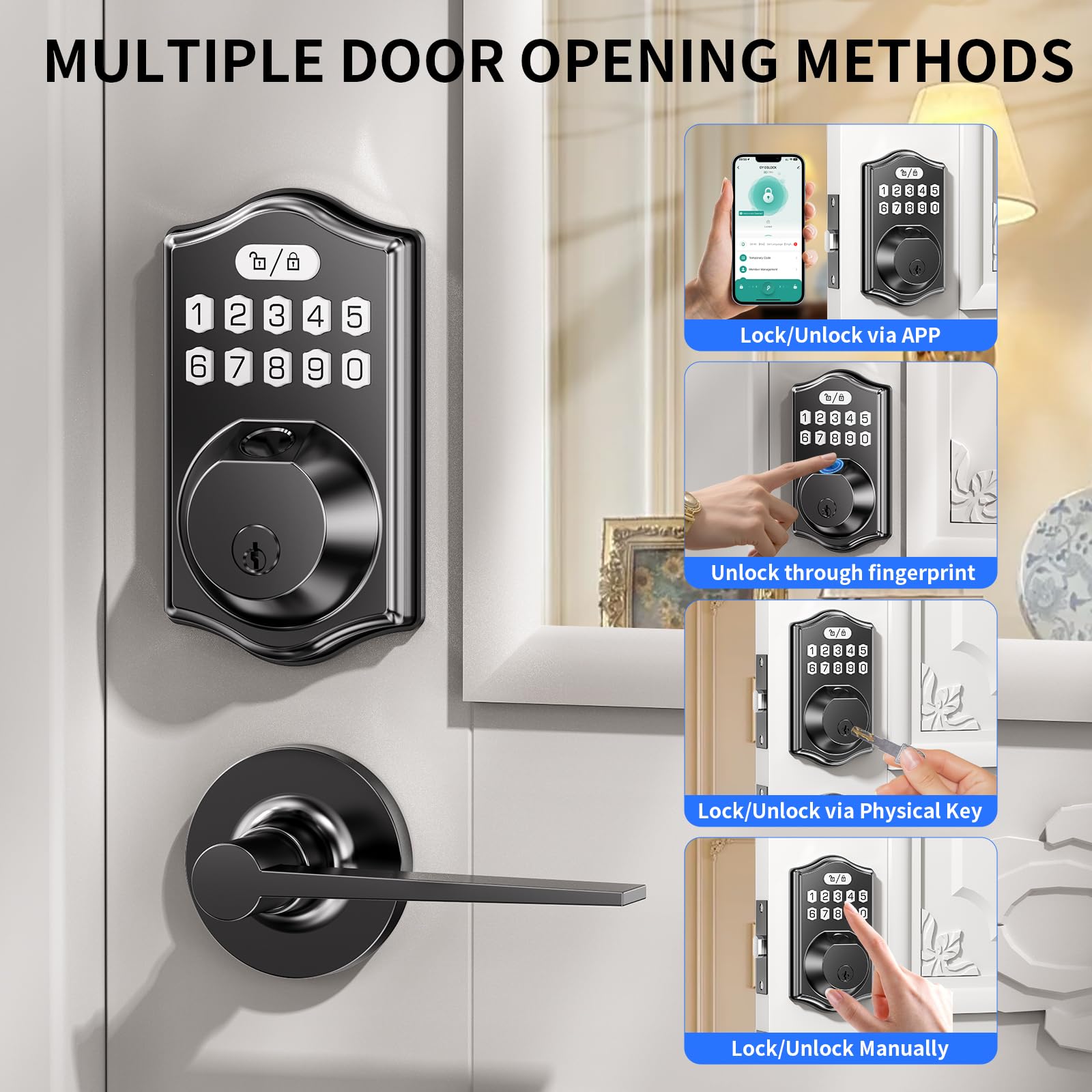 Lcwzsa Keyless Entry Door Lock Deadbolt With Handle Set- Front Door Fingerprint Smart Locks With 2 Lever Handles-Electronic Keypad Code Deadbolt -App Control, Digital Password,Auto Lock,Easy To Install