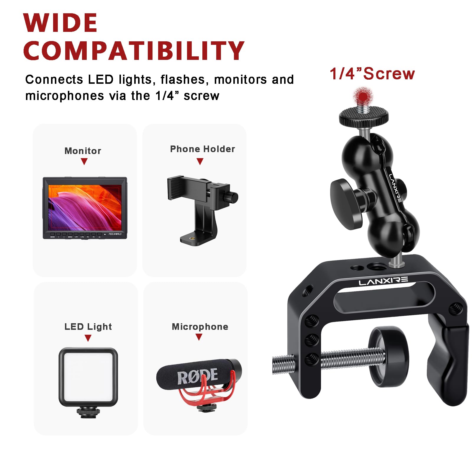 Lanxire Camera Clamp Mount C Clamp With Magic Arm - Perfect For Fence, Desk, Tripod, Monitor, Light, Gopro, Insta360, Dslr - Essential Tool For Outdoor Projects, Broadcasting, Photography