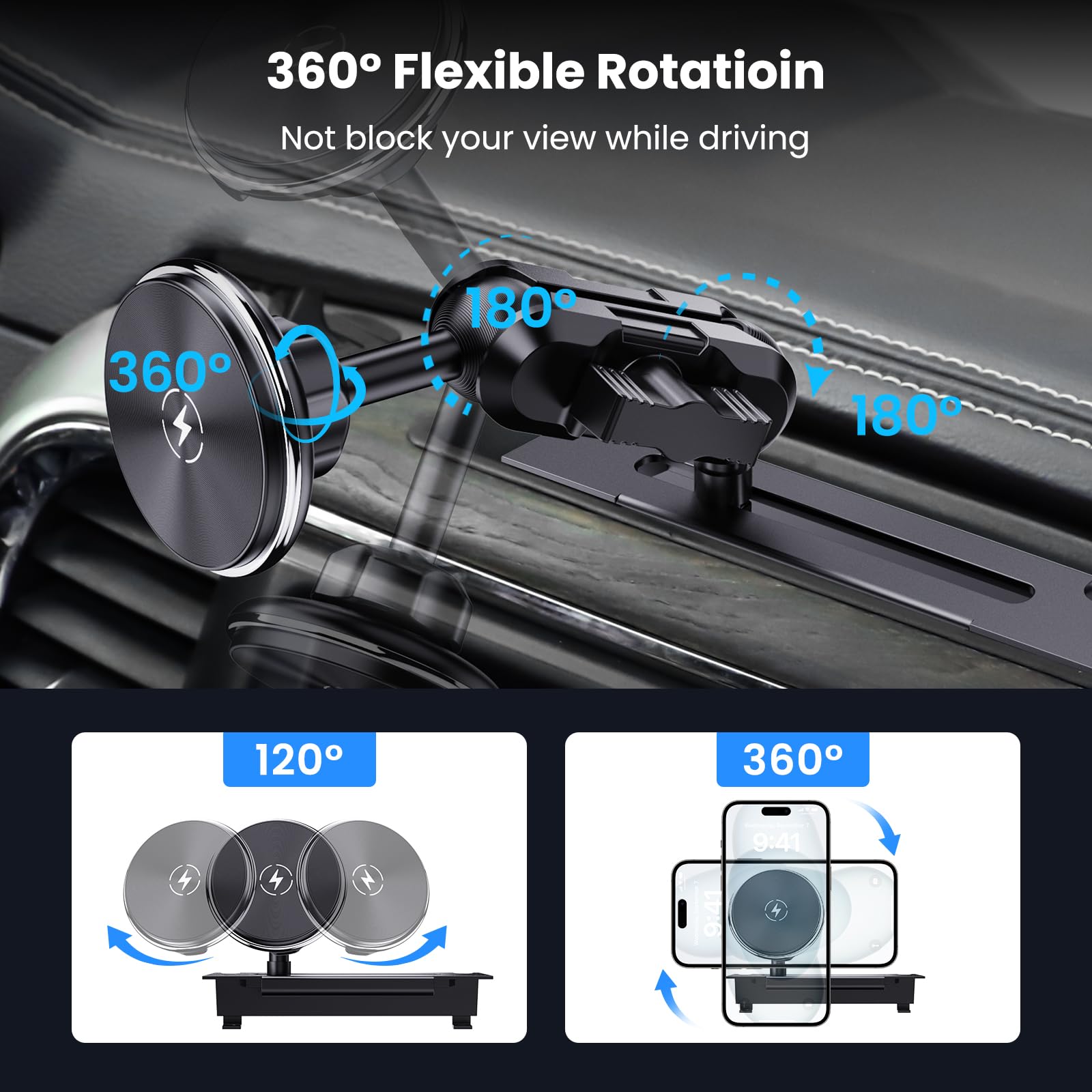 Kaishengyuan Magnetic Phone Mount With Wireless Charging For Ram Truck 2013-2018, Dash Mount Cell Phone Holder Compatible With Ram 1500/2500/3500 & 2019+ Classic 360° Rotation Smartphone Cradles