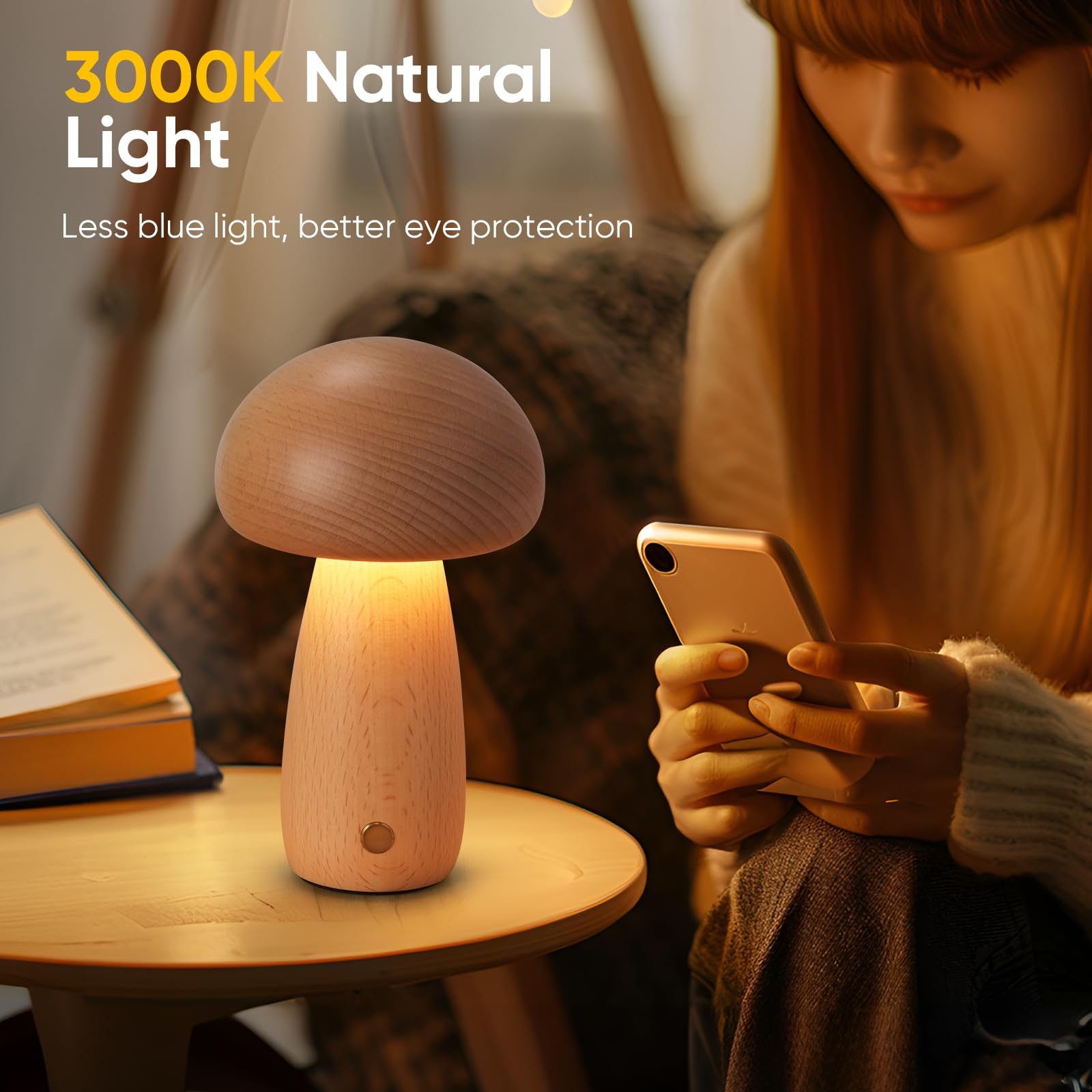 Lonrisway Wooden Mushroom Lamp For Bedroom, Portable Cordless Small Rechargeable Battery Operated Lamp,Stepless Dimming, Night Light For Birthday