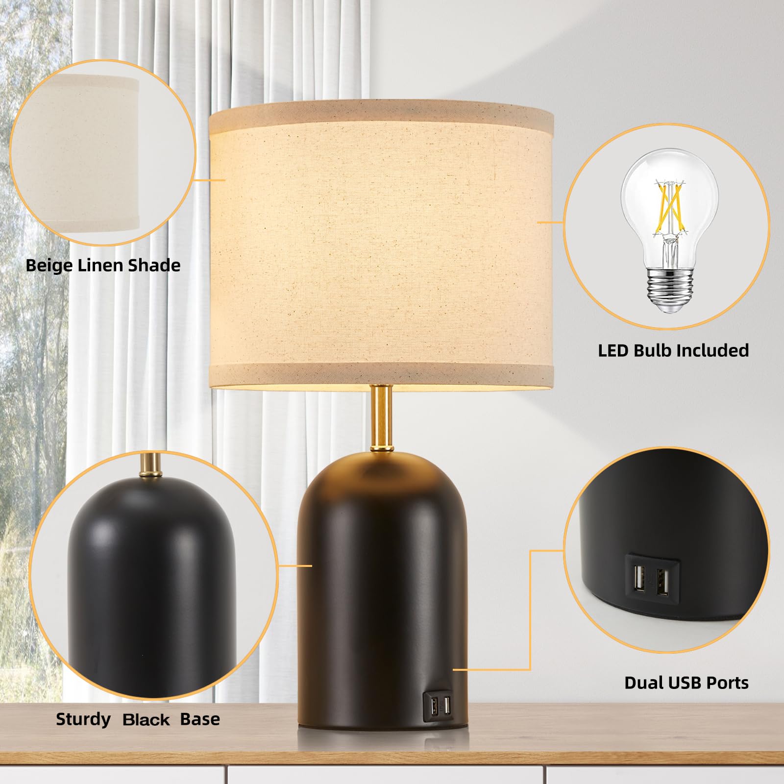 Gyrovu Touch Control Table Lamps Set Of 2, Modern Bedside Lamp With 2 Usb Ports, 3-Way Dimmable Gold And Black Nightstand Lamp With Fabric Shade For Living Room Bedroom Office Dorm(Led Bulbs Included)
