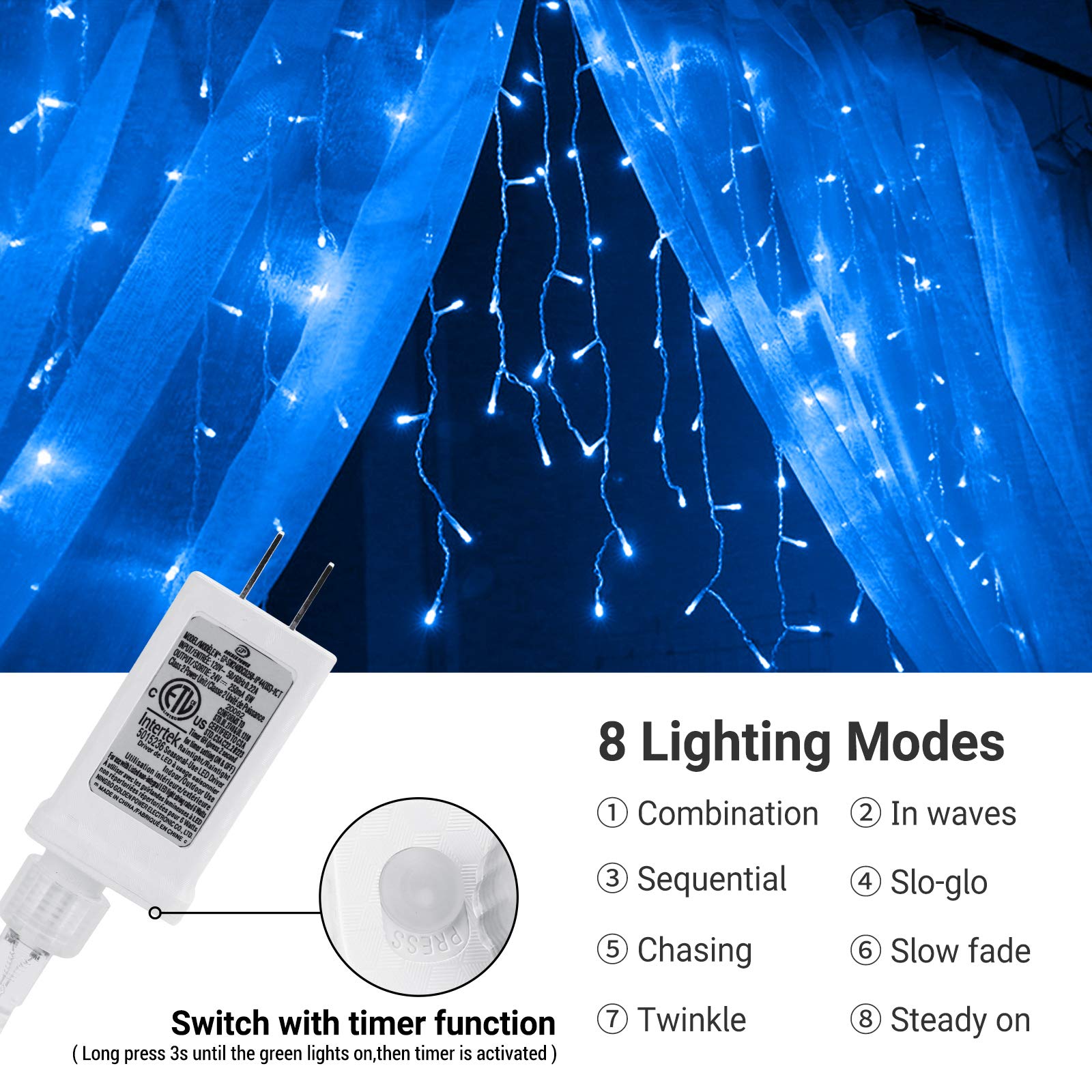 Joomer Christmas Icicle Lights, 400 Led 80 Drops 39Ft 8 Modes Waterproof Christmas Lights Outdoor Connectable With Timer For Holiday, Wedding Party, Eaves, Christmas Decorations (Blue)