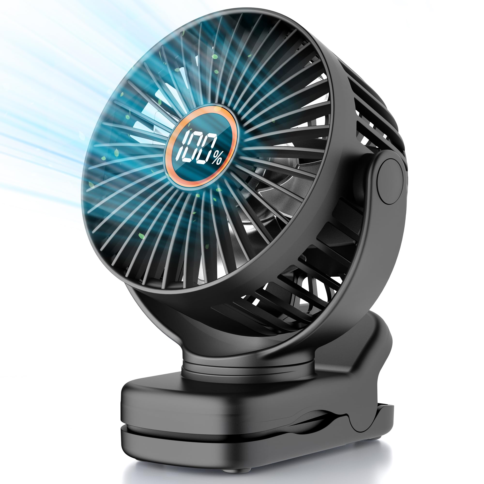 Mini Clip On Fan, Battery Operated Desk Fan, Digital Display，3 Speeds Adjustable, Bidirectional 360 - Koospark