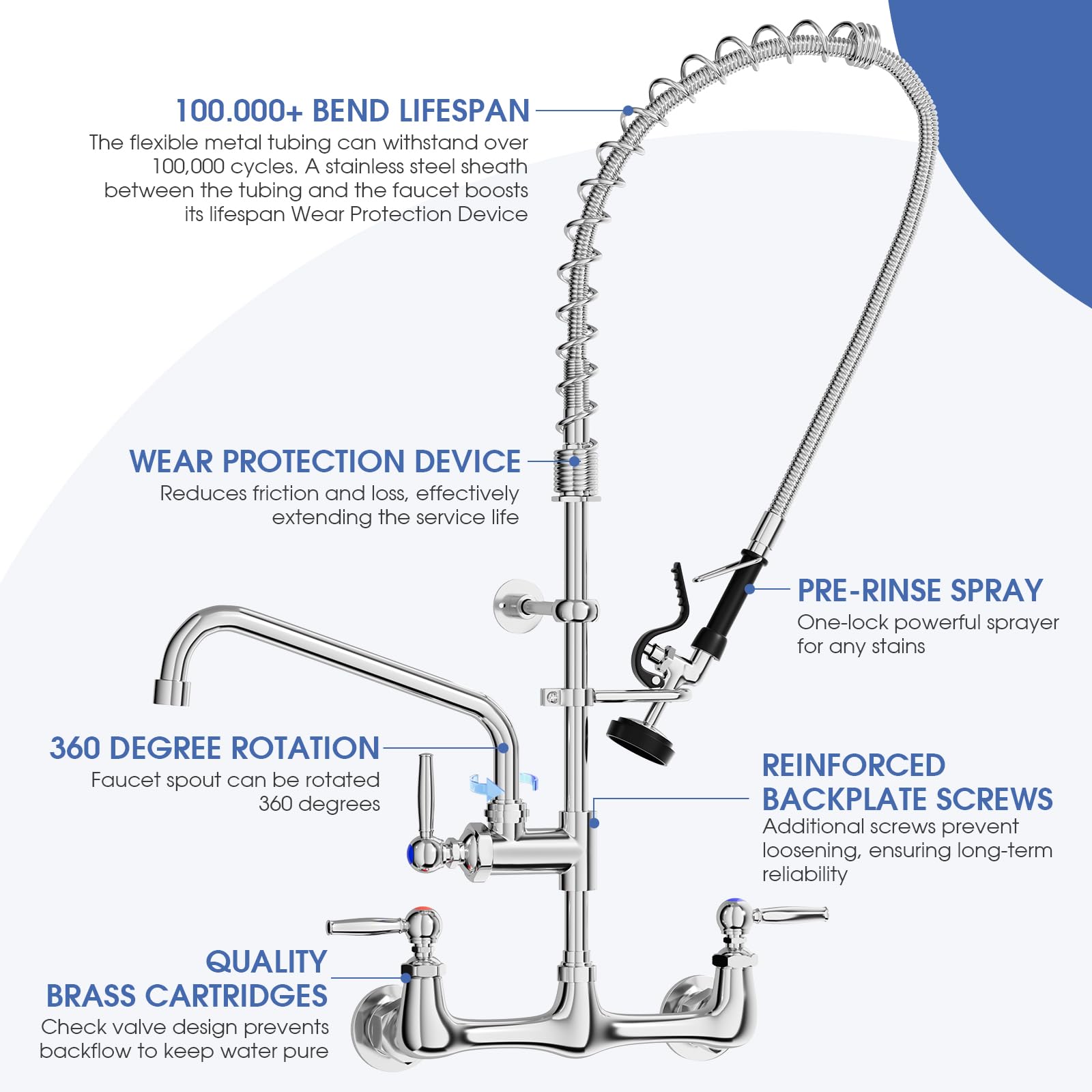 Nymeliu Commercial Sink Faucet With Sprayer 36" Height Commercial Kitchen Faucet Wall Mount With 12" Add-On Spout, Stainless Steel Hose Pre-Rinse Sprayer For Restaurant