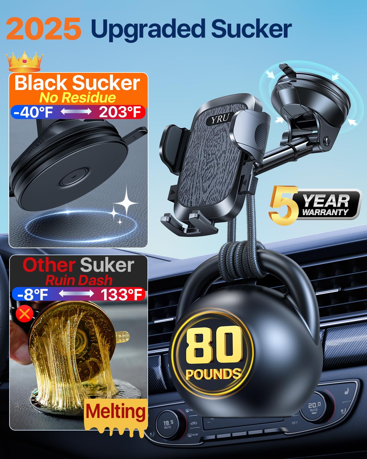 Yru 【True Military-Grade】Car Phone Holder【 Strongest & Rotatable Suction Cup】Cell Phone Mount For Dashboard Windshield, Truck Cradle Dash Stand For Iphone 16 Pro Max 15 14 13 12 Android, Black