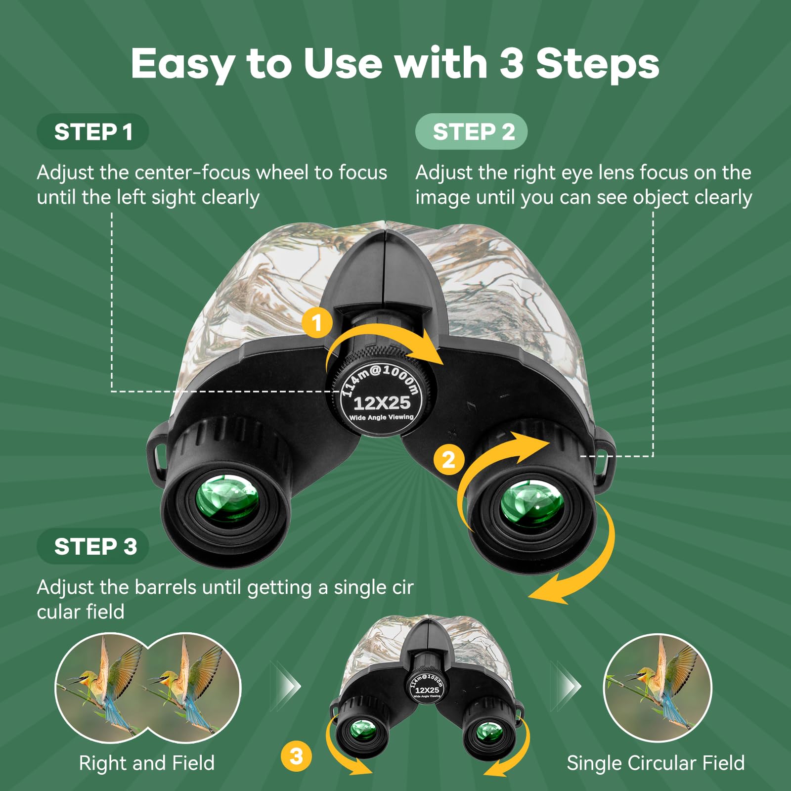 Koddon Compact Binoculars For Adults & Kids - 12X25 High Powered Binoculars With Low Light Vision For Bird Watching, Cruise Ship, Hunting, Travel & Sports