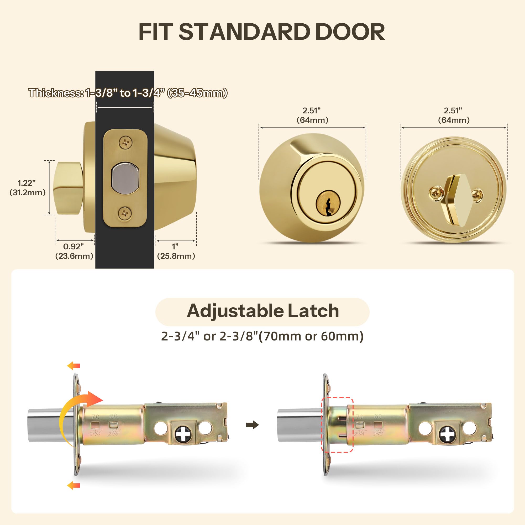 Loqron Round Design Single Cylinder Deadbolt With Keys, Exterior Keyed Dead Bolt Lock For Front Entrance Door Security, Polished Brass