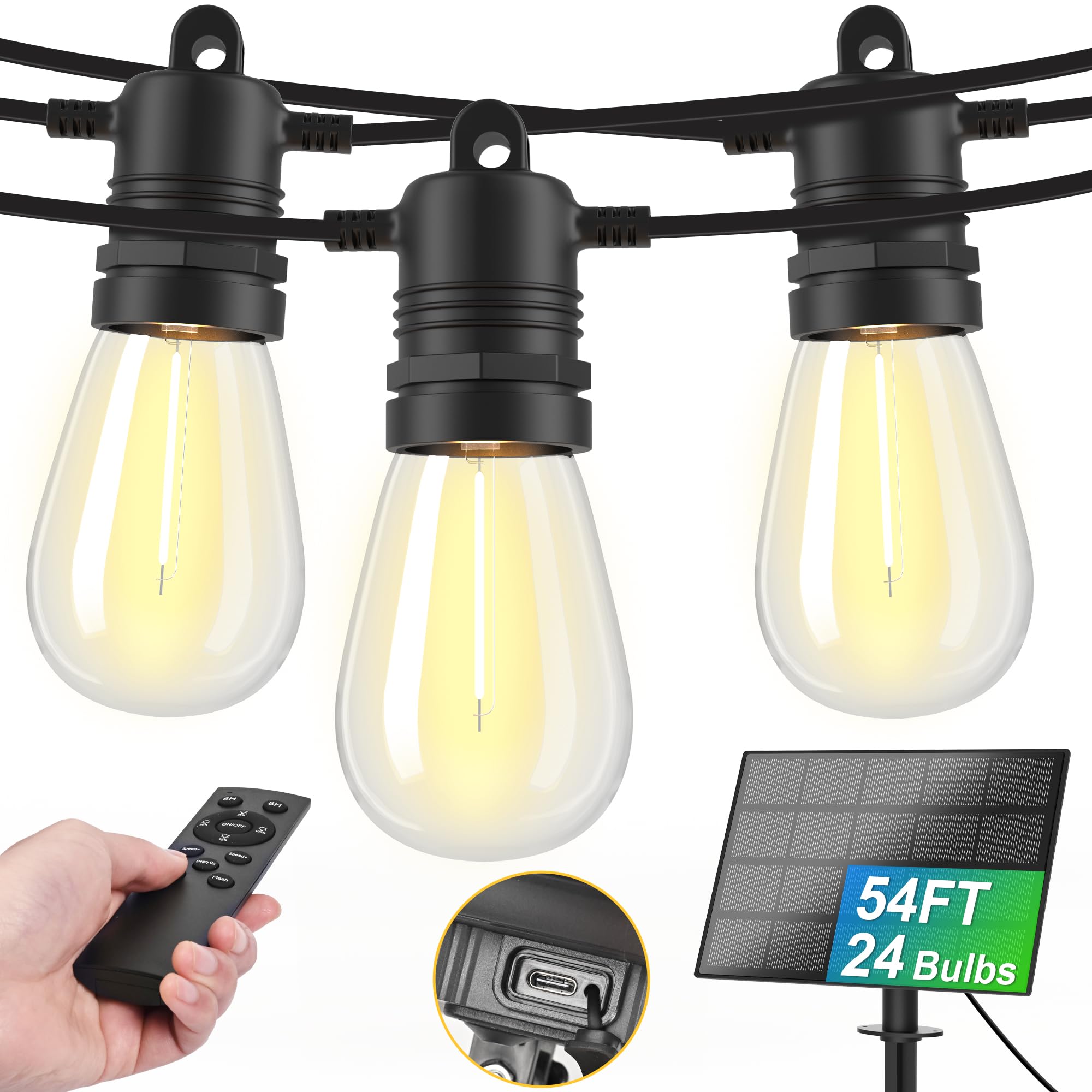Aubverc Solar String Lights Outdoor Waterproof 54 Ft 24 Sockets 25 Leds Patio Lighting, Usb Charge & Remote Controlled Dimmer Timer, Solar Outdoor Lights For Patio Yard Outside Camping Party 2700K