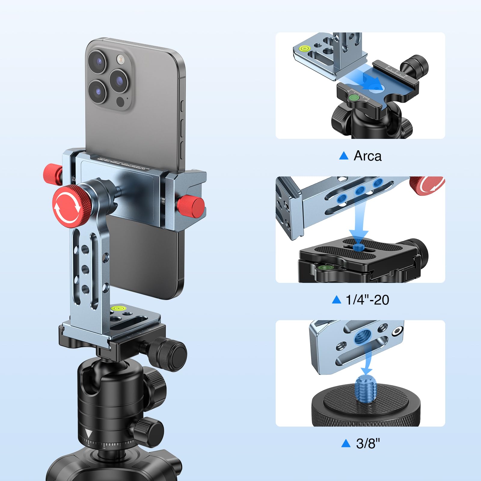 Camolo Geek Phone Tripod Mount Aluminum Alloy, 360° Rotatable Phone Stand Holder Clamp With Cold Shoe And Arca Base Compatible With Iphone 15 Pro Max Galaxy S24 Ultra Pixel & 2.5"-4" Wide Smartphones