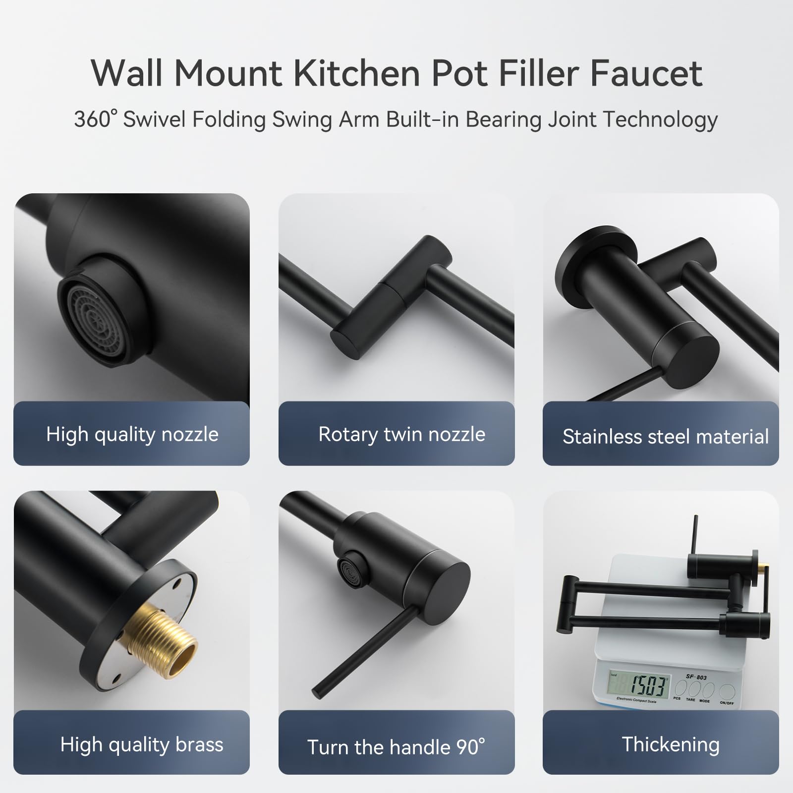 Mr. Faucet Wall Mount Kitchen Pot Filler Faucet 360° Swivel Folding Swing Arm Built-In Bearing Joint Technology, For Kitchen Stove, Coffee Station, Bar Filler&Water Station(Matte Black)