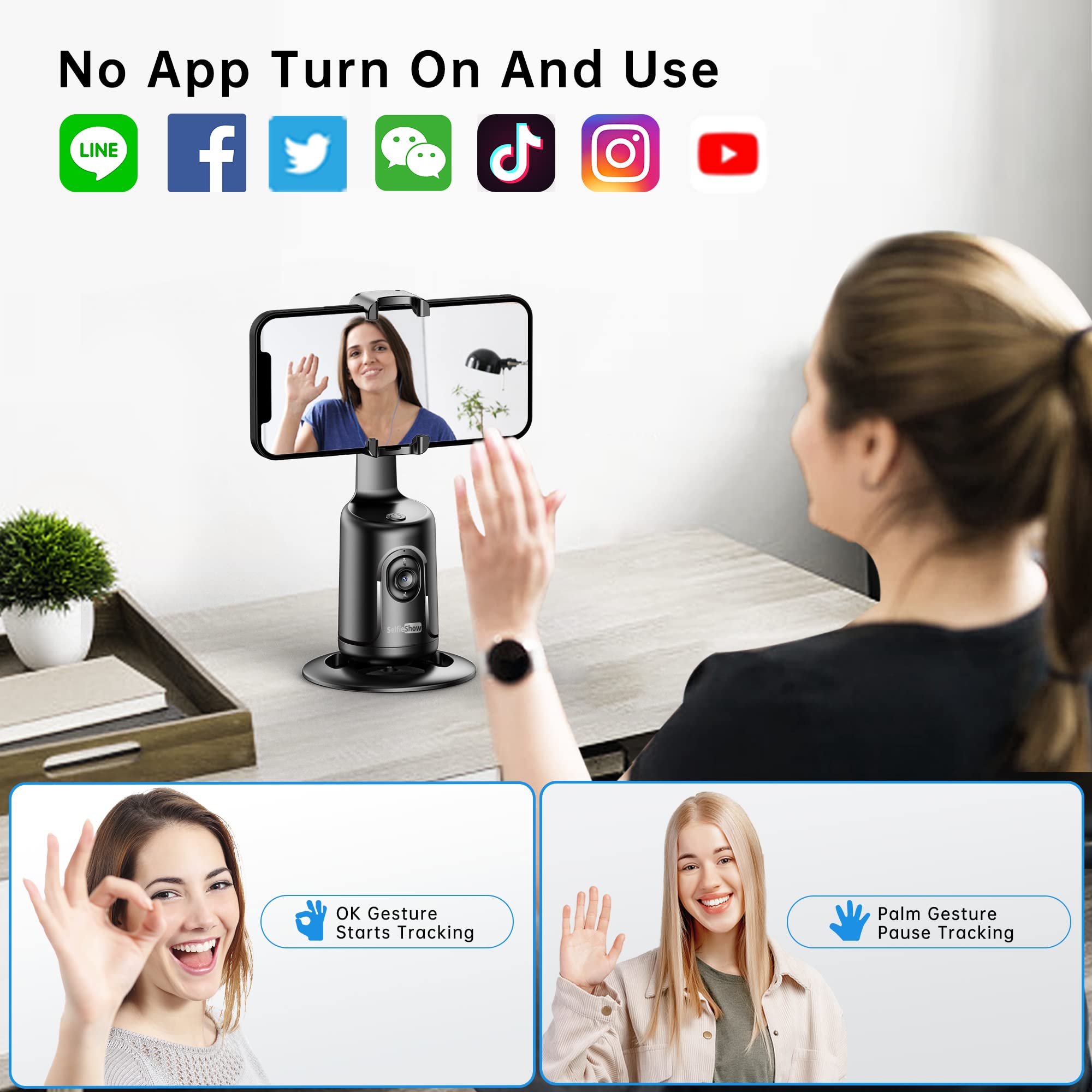 Selfieshow Auto Tracking Phone Holder, Auto Face Tracking Tripod, Portable All-In-One Smart Selfie Stick 360 Rotation Fast Face & Object Tracking Cameraman Robot Mount For Phone Video Vlog Live Streaming(Black)