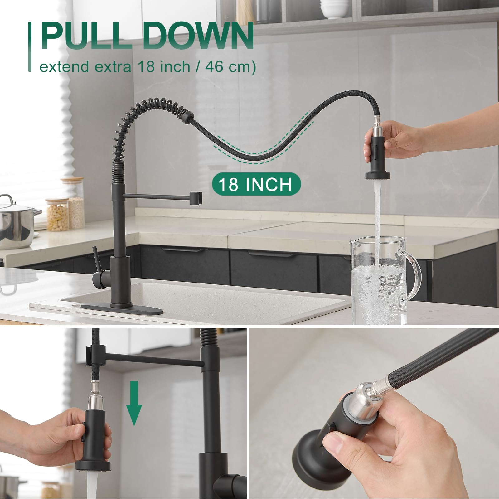 Voton Black Kitchen Faucet With Pull Down Sprayer Pull Out Kitchen Sink Faucet Stainless Steel Commercial Spring Farmhouse Faucets For Kichen Sink Camper Laundry Utility Rv Bar Sink Faucet