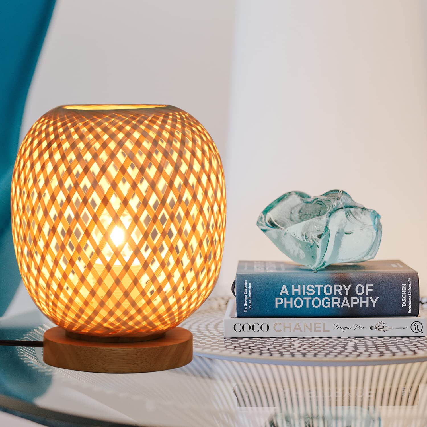 Capslpad Dimmable Rattan Table Lamp - Bamboo Woven Handmade Boho Beside Light, Small Wicker Desktop Nightstand Accent For Kids Living Room, Bedroom, Dorm Decor