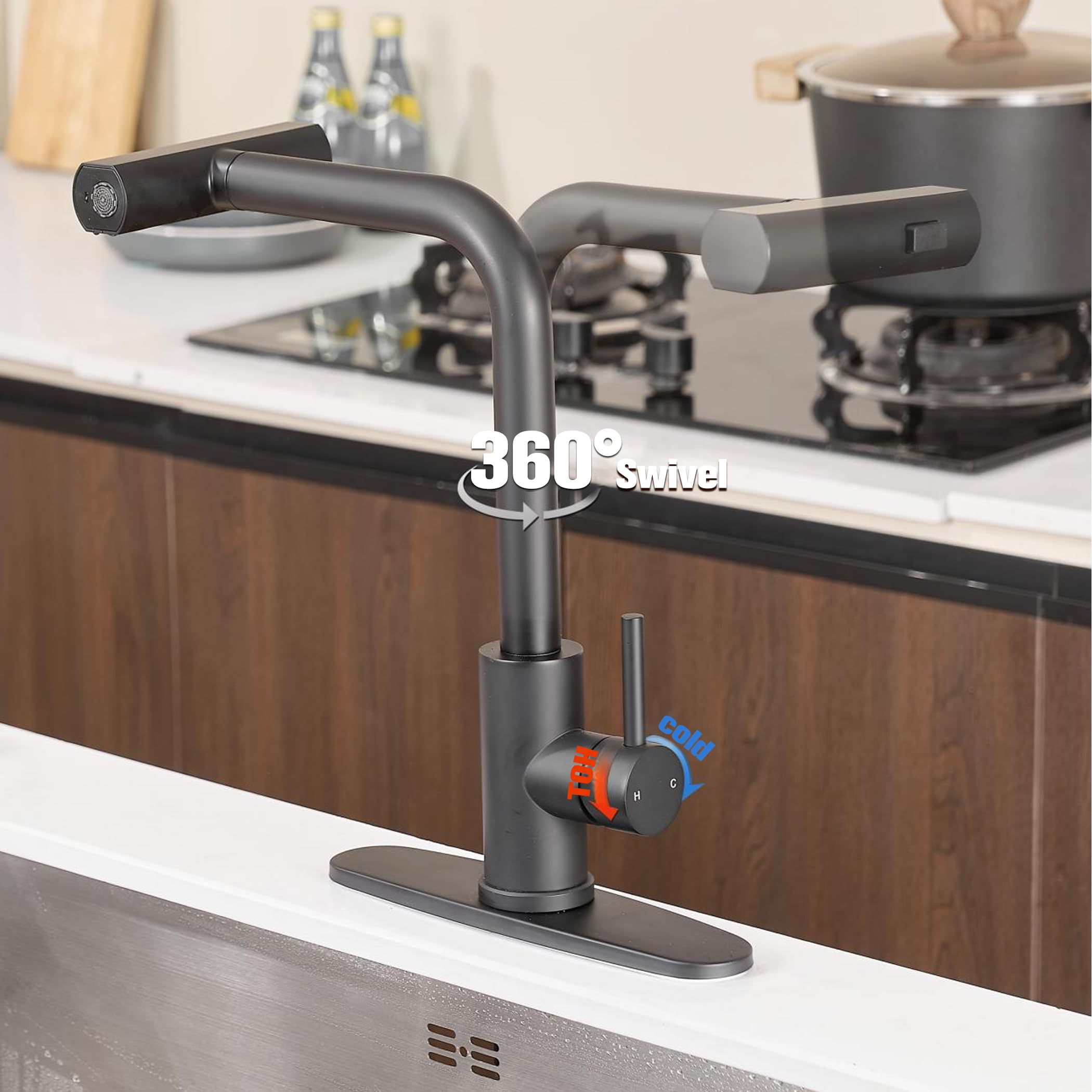 Fransiton Waterfall Kitchen Sink Faucet With Pull Down Sprayer, 3 Modes(Sweep/Stream/Waterfall) Rotary Switch Stainless Steel Commercial Modern Faucet For Kitchen Sink Single Handle Black Sink Fuacet