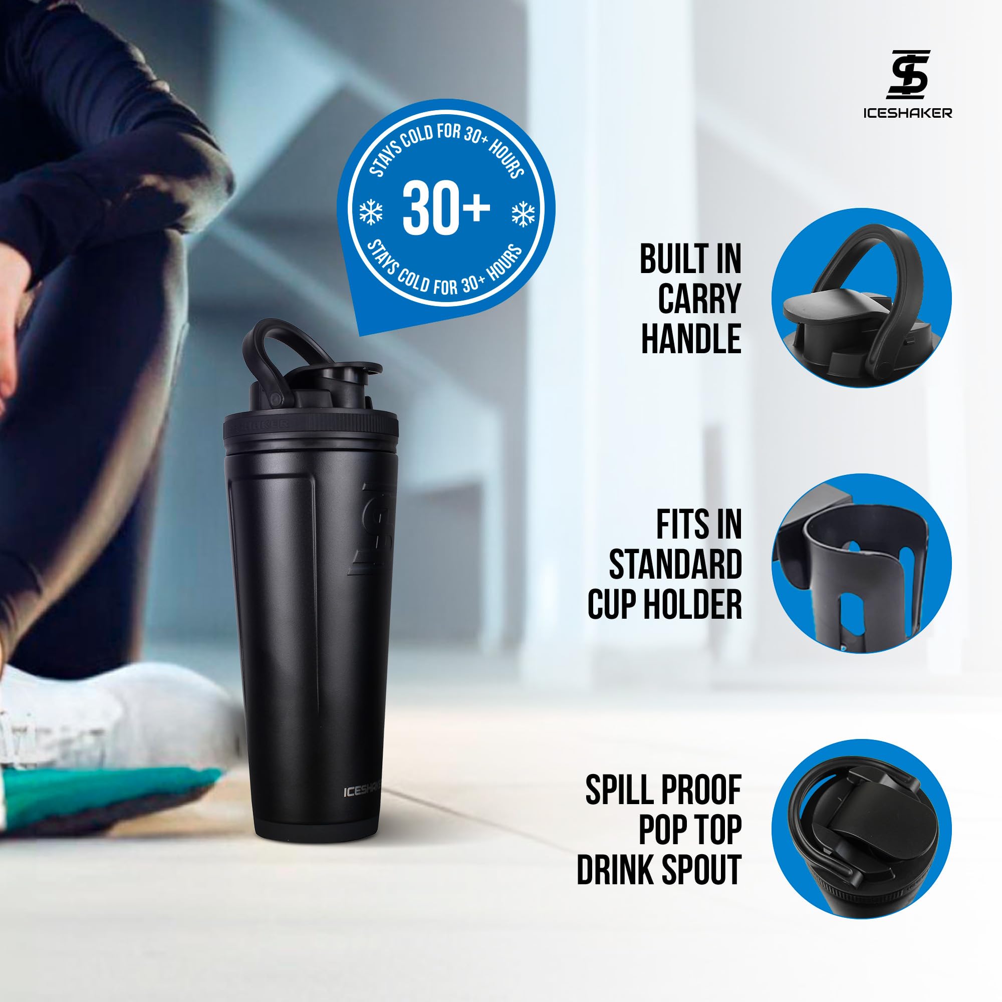 Ice Shaker Insulated Stainless Steel Shaker Bottle  36Oz, Black  Cold For 30+ Hours