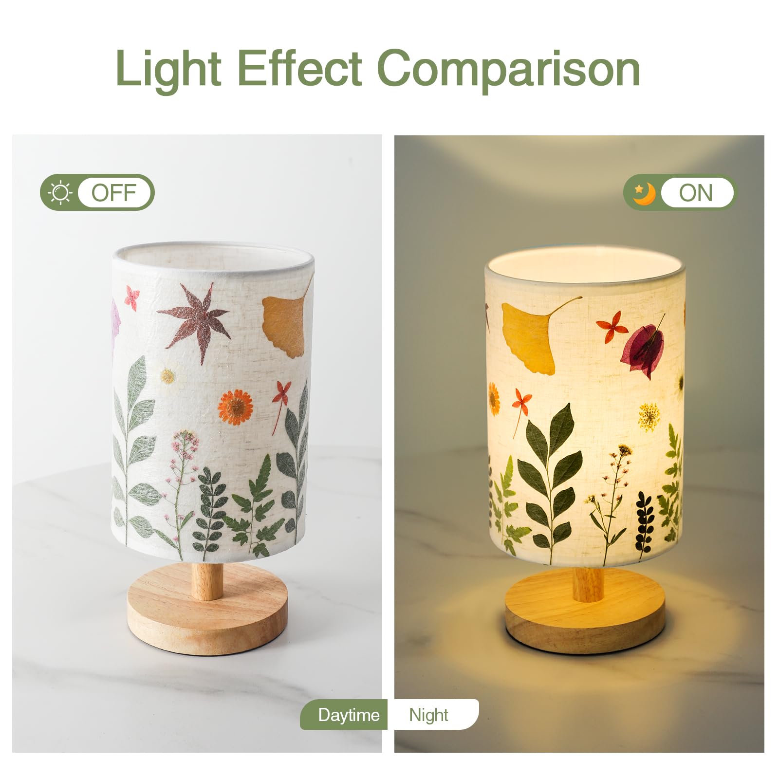 Floresita Pressed Flowers Table Lamp 5W Led 3Color Temperatures Dried Flower Bedside Lamp Linen Shade With Wood Base For Bedroom Living Room Desk Office