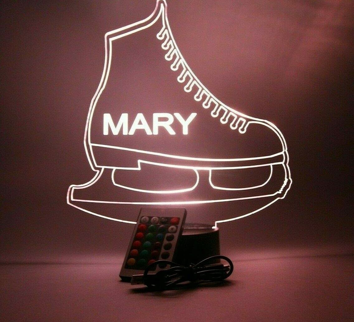 Mirror Mania Ice Skate Light Up Lamp Led Personalized With Name Night Light Engraved Figure Skating Skate Table Lamp, Our Custom Sports Feature With Remote, 16 Color Options, Dimmer, Engraved, Great