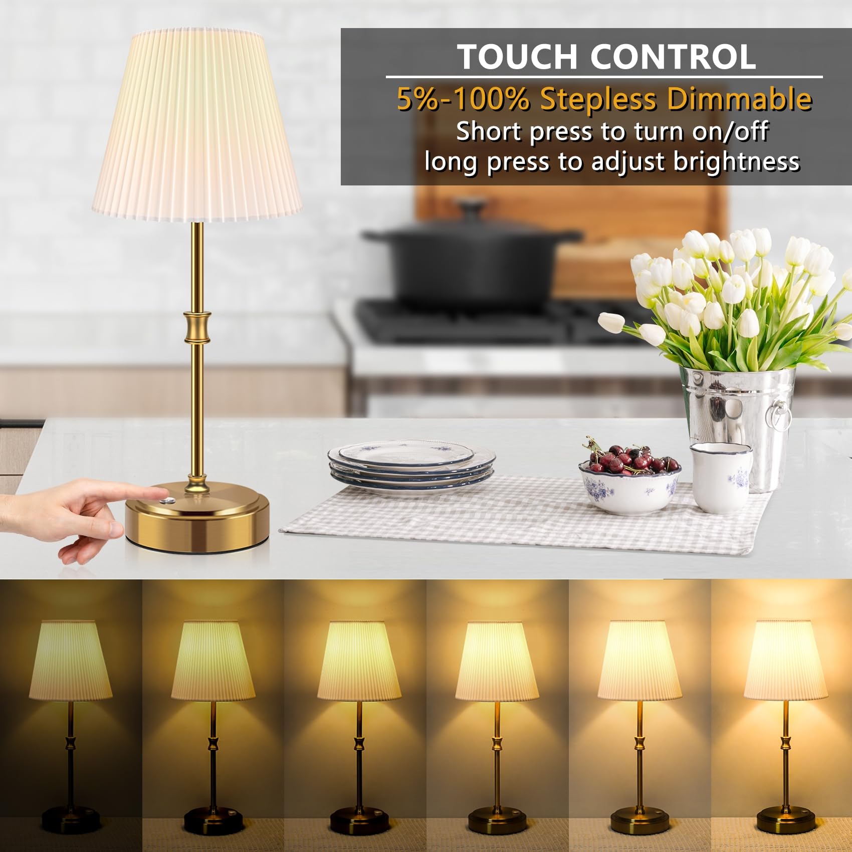 Hugchg Touch Control Cordless Table Lamp, 5000Mah Battery Powered,Bedside Night Lamp With Stepless Dimming, Portable Table Lamp For Bedroom,Restaurants,Offices,Cafe,Gold,2 Pack