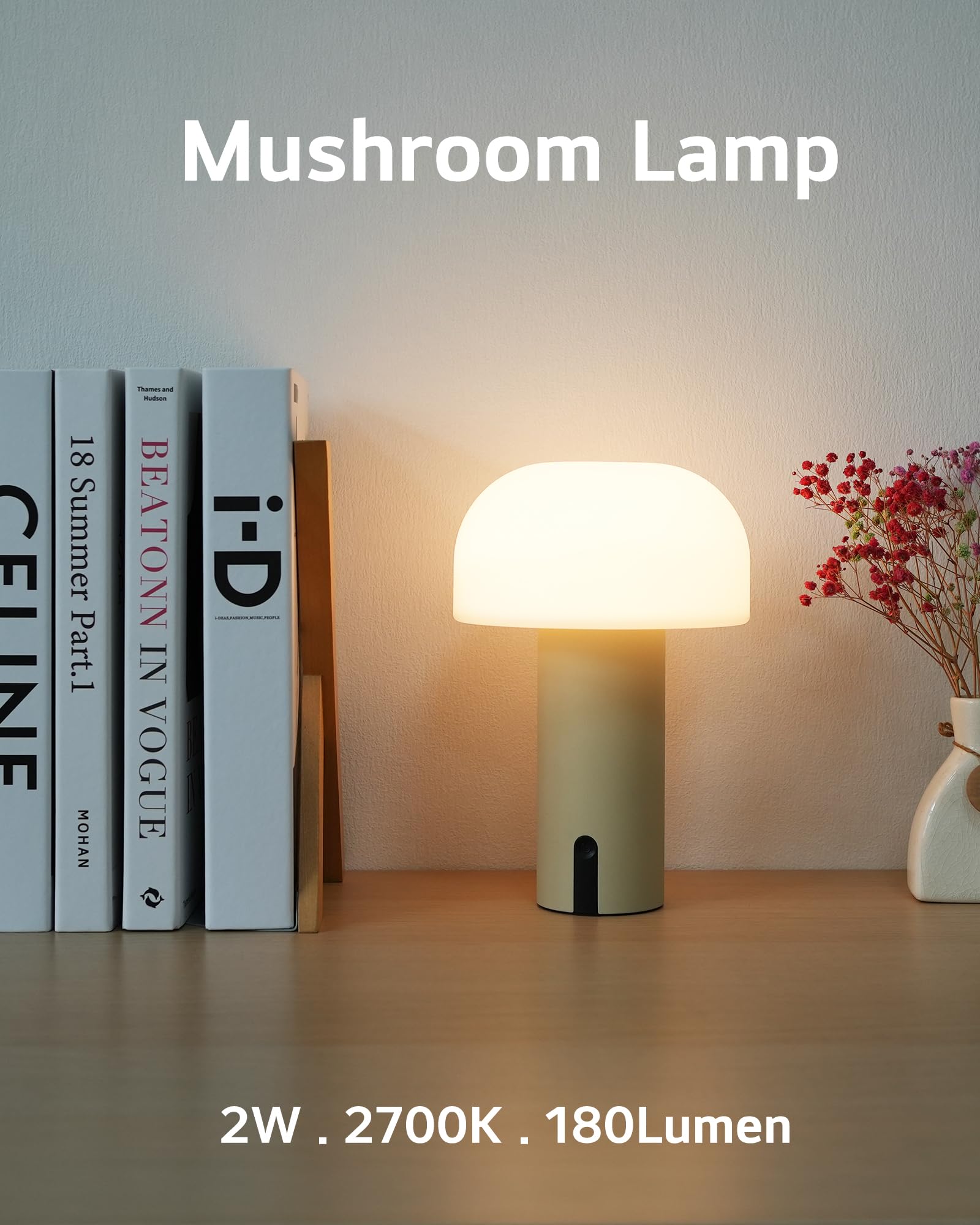 Weilailux Cordless Mushroom Table Lamp, Waterproof Shower Lamp, Battery Operated Table Lamp Rechargeable, Touch Dimmable Night Light For Bedroom/Patio/Camping/Dinning/Outdoor (Khaki)