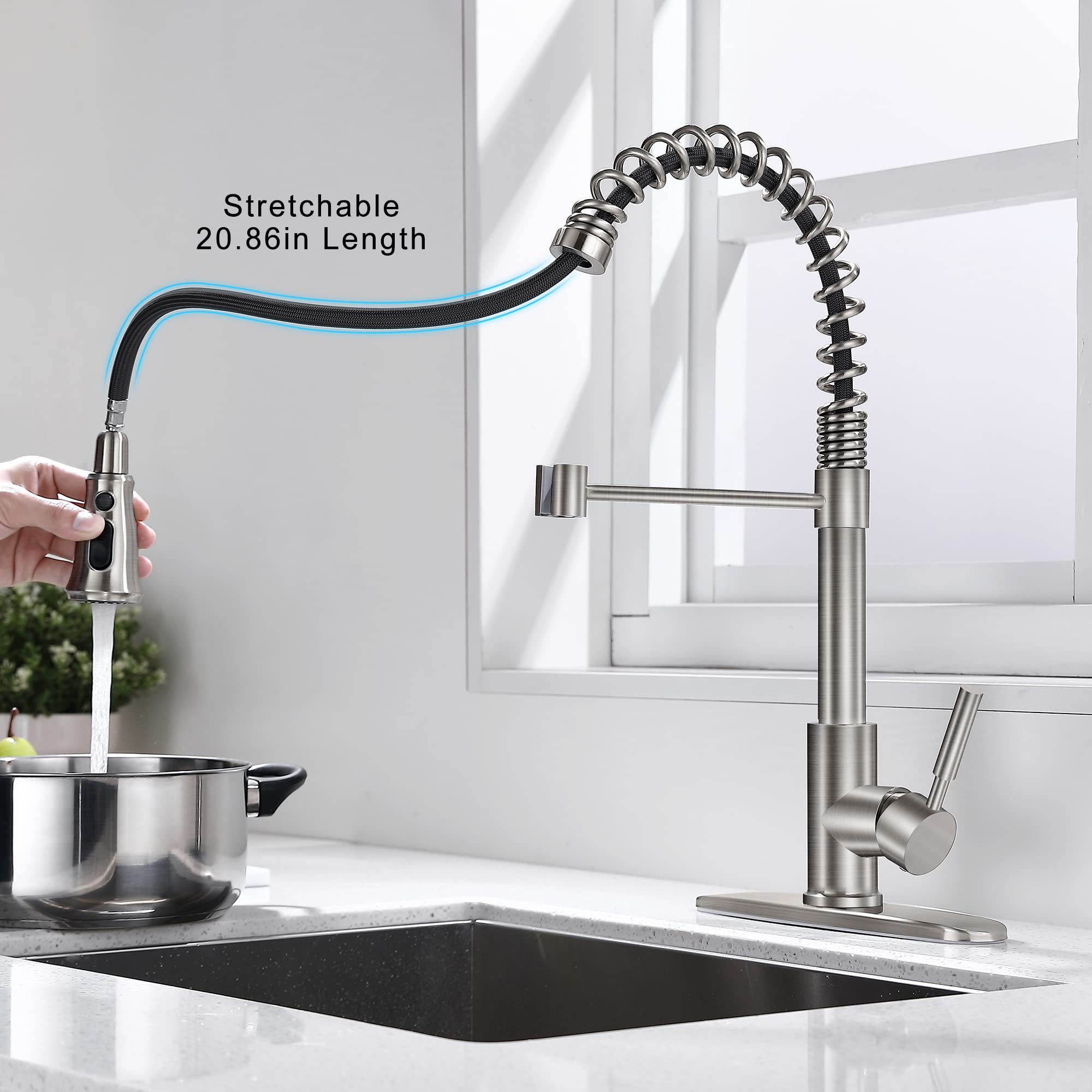 Soka Single Handle Kitchen Pull Down Faucet With Sparyer Fit For 1 & 3 Hole With Three Working Modes Stream, Spray & Pause Brushed Nickel (Sk5001Ny)