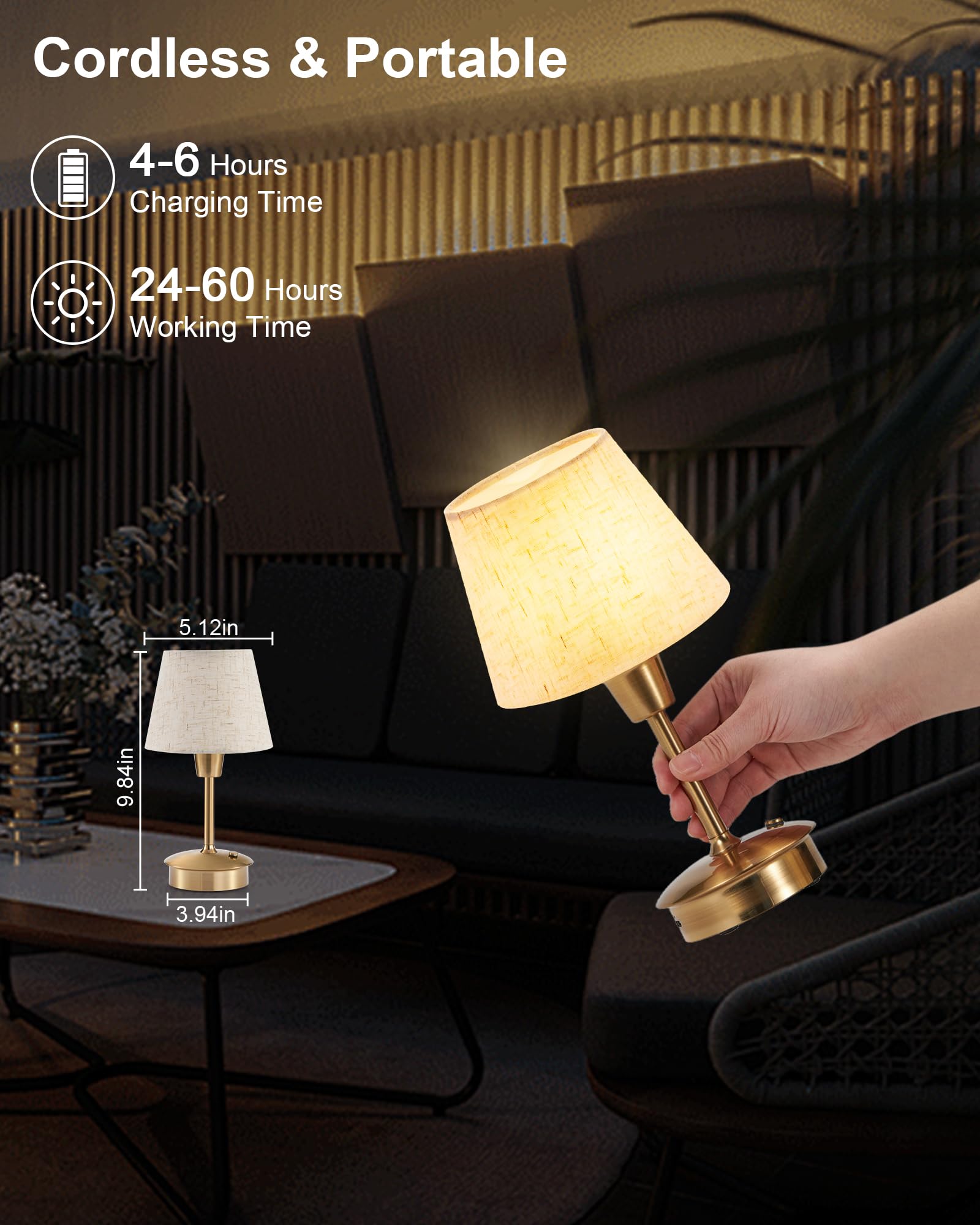 Intelive 2 Pack Rechargeable Cordless Table Lamp For Restaurant Bar, 5200Mah Small Battery Operated Lamp, Portable Dimmable Touch Bedside Night Light For Bedroom Living Room Side End Table Dining Room Patio