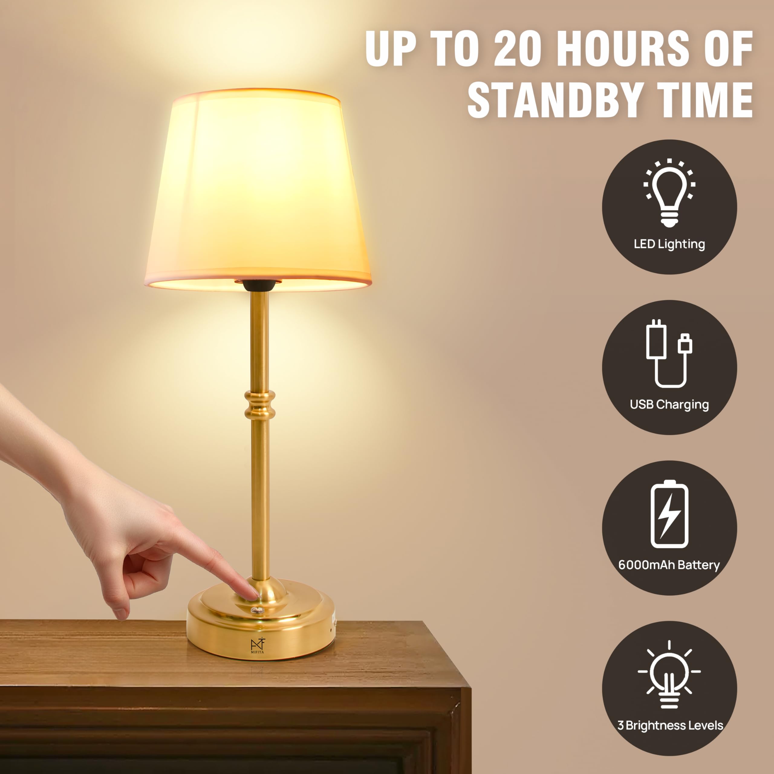 Mf Mifita Cordless Lamp For Desk, 3-Level Dimming Rechargeable Lamp With 6000Mah Battery, Usb-C Fast Charging Wireless Lamp For Bedroom, Nightstand, Office (Gold)