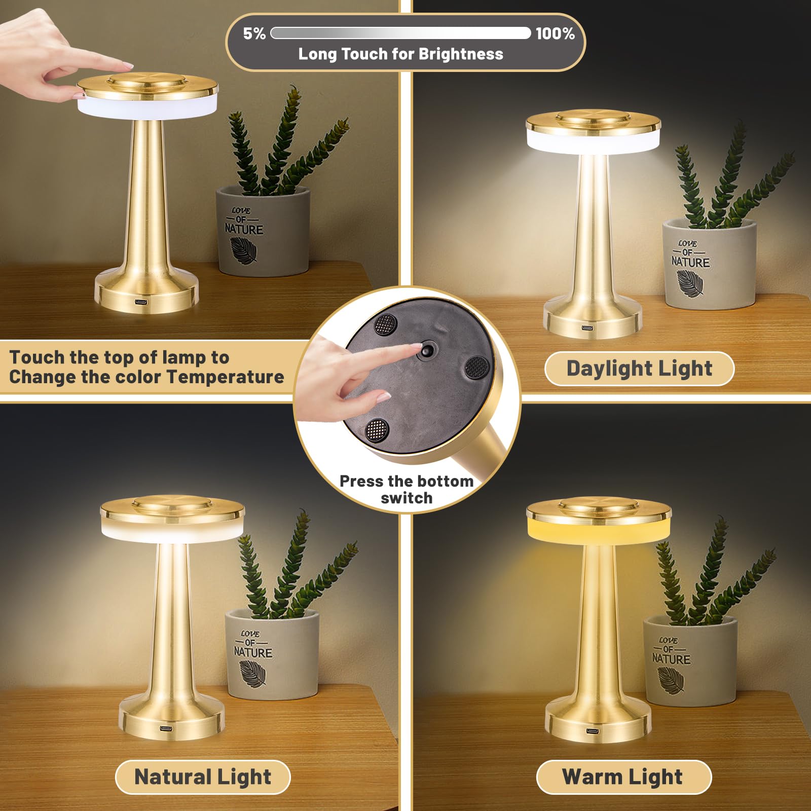 Hapygi Rechargeable Cordless Led Table Lamp ,Touch Sensor Light, Battery Operated Lamp，3-Levels Portable Dimming Lamp ,Bedside Lamp/ Night Light/Restaurant /Outdoor/Coffee /Bar (Gold)…