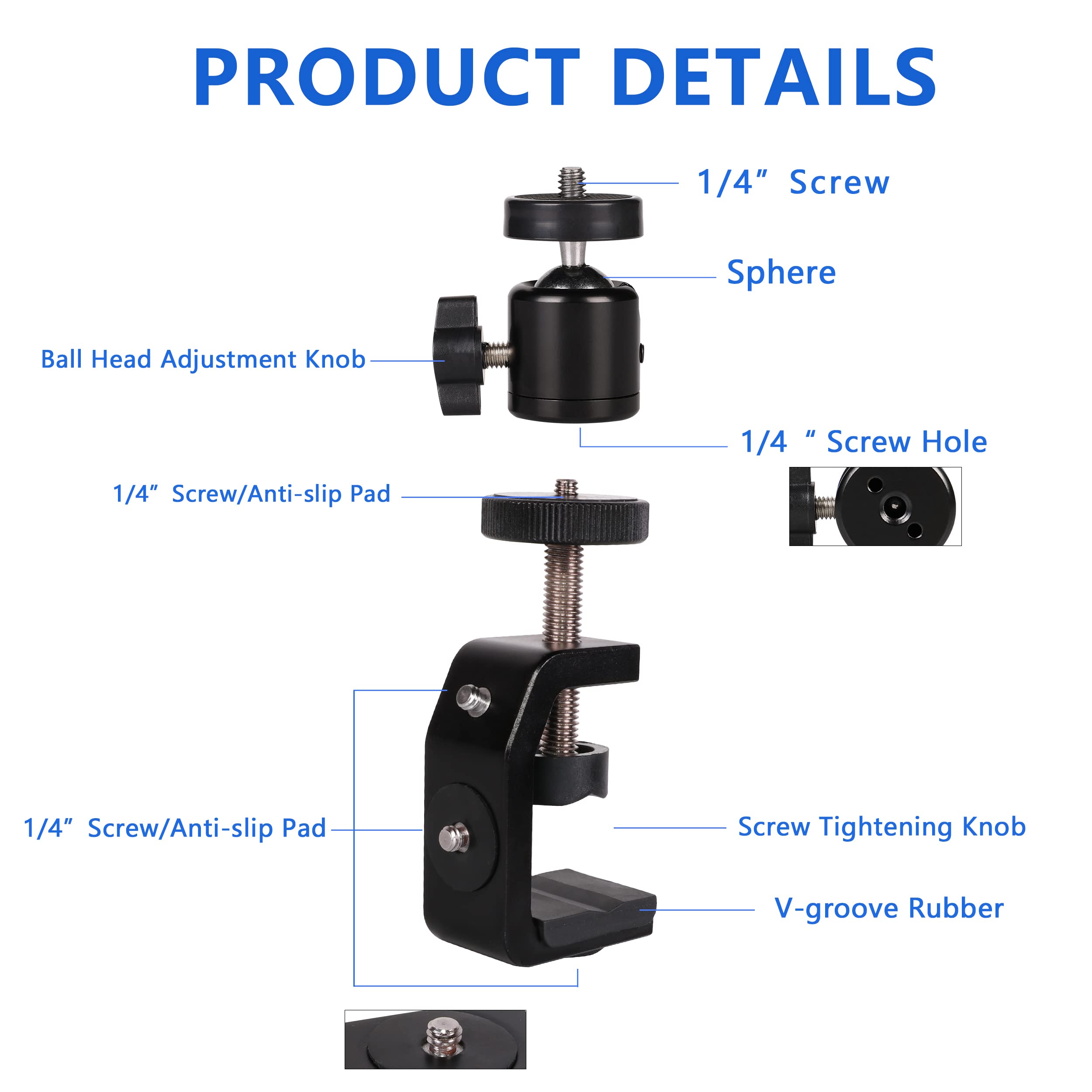 Qyxinc C Clamp Camera Clamp Mount With 1/4" Screw For Photo Studio Video Dslr,Cameras, Light Stand, Desk, Rods, Hooks, Shelves, Cross Bars