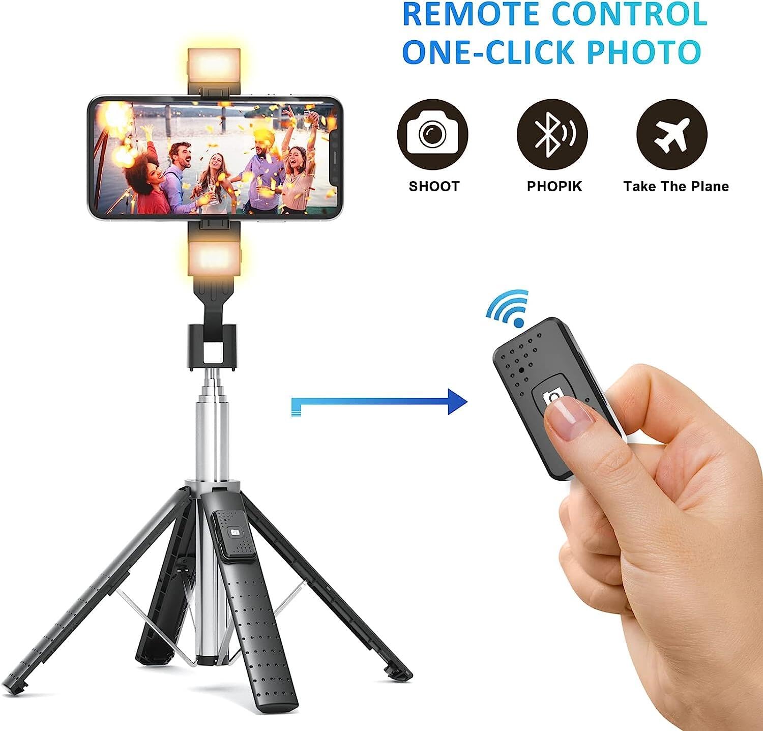 Sanyaa 41” Selfie Stick Tripod Quadrapod With 2 Rechargeable Fill Light, Extendable Tripod With Bluetooth Remote, Stainless Steel, 3 Light Modes, 9 Brightness Levels, Compatible For All Iphone & Android