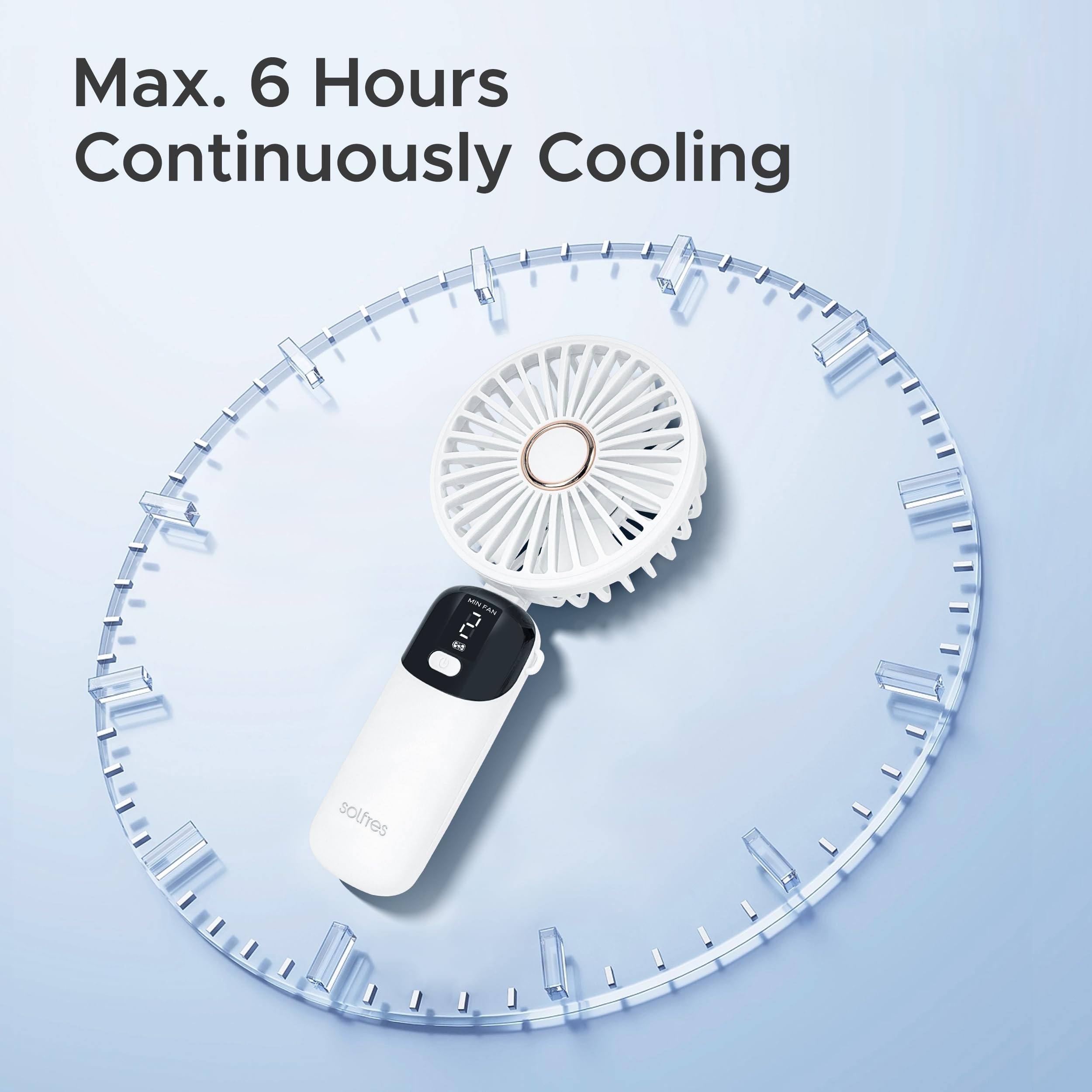 Solfres Portable Mini Handheld Fan, Digital Display, 5 Speeds, 90° Adjustable And Foldable