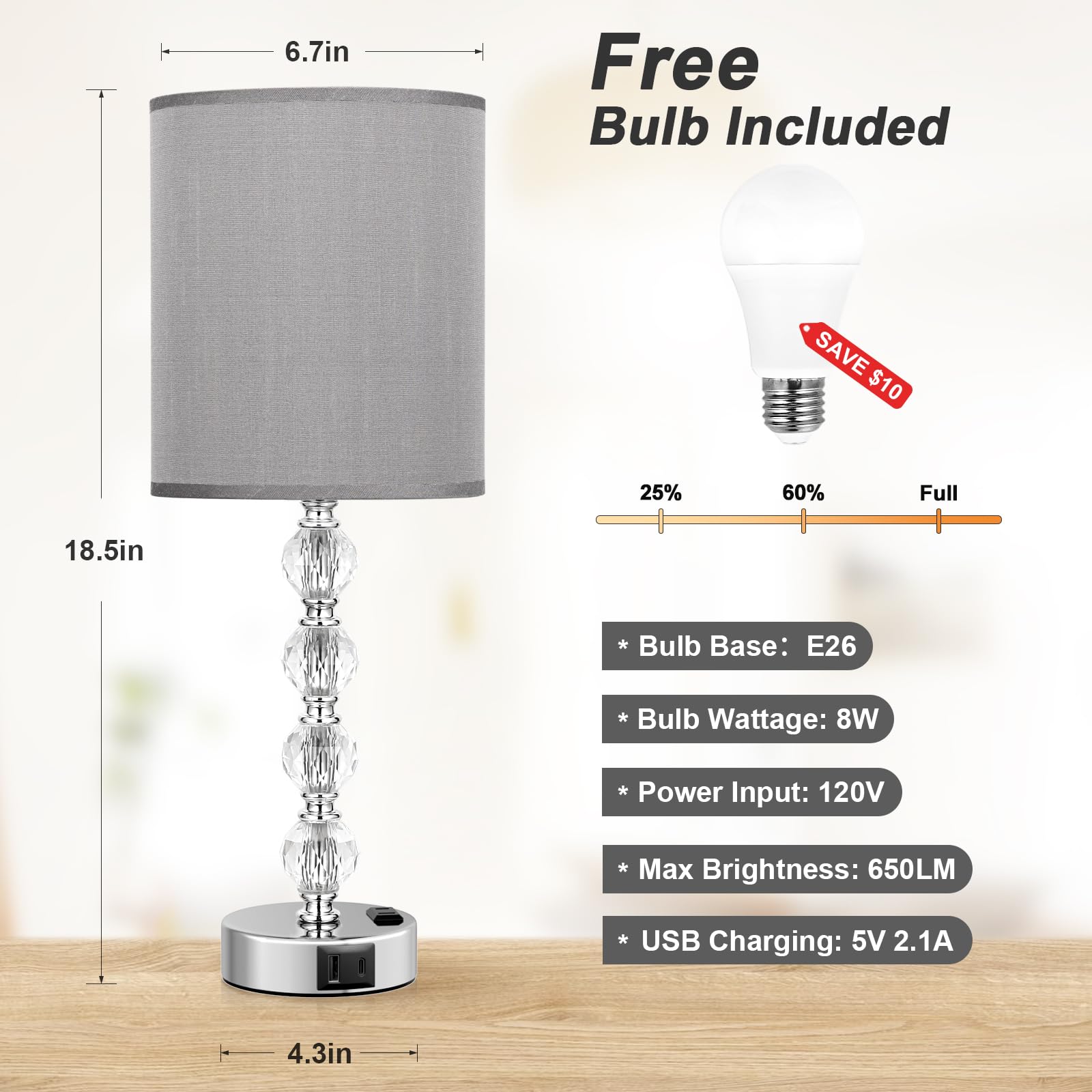 Acaxin Touch Bedside Crystal Lamps For Bedrooms Nightstand With Usb C+A Charging Port And Ac Outlet White, 3 Way Dimmable Silver Large End Side Table Lamp For Living/Dinning Room/Kitchen/Bedroom