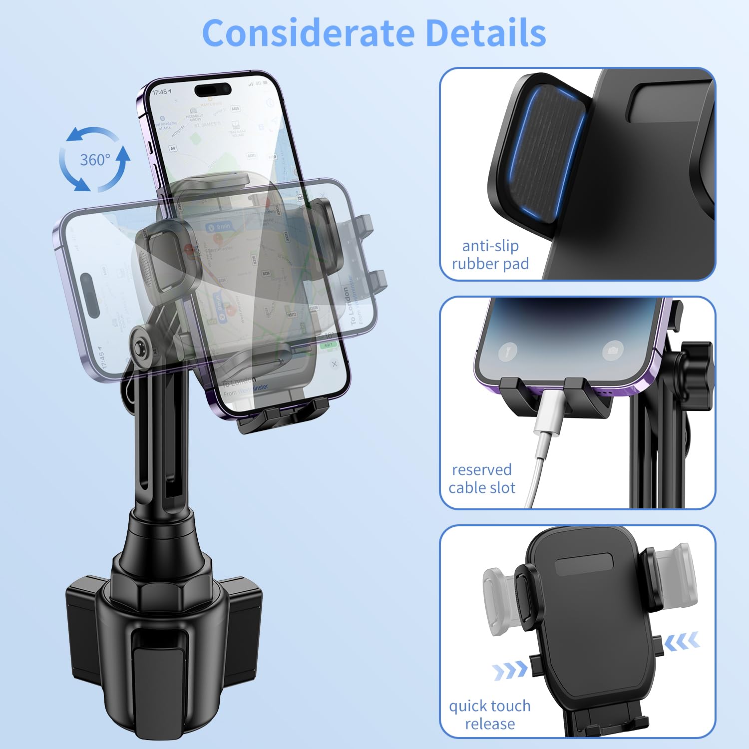 Bokilino Cup Phone Mount For Car, [ Version] Universal Cup Phone Cradle Holder With Long And Adjustable Neck, Friendly Compatible With Cell Phone Iphone, Samsung, Google And All Smartphones