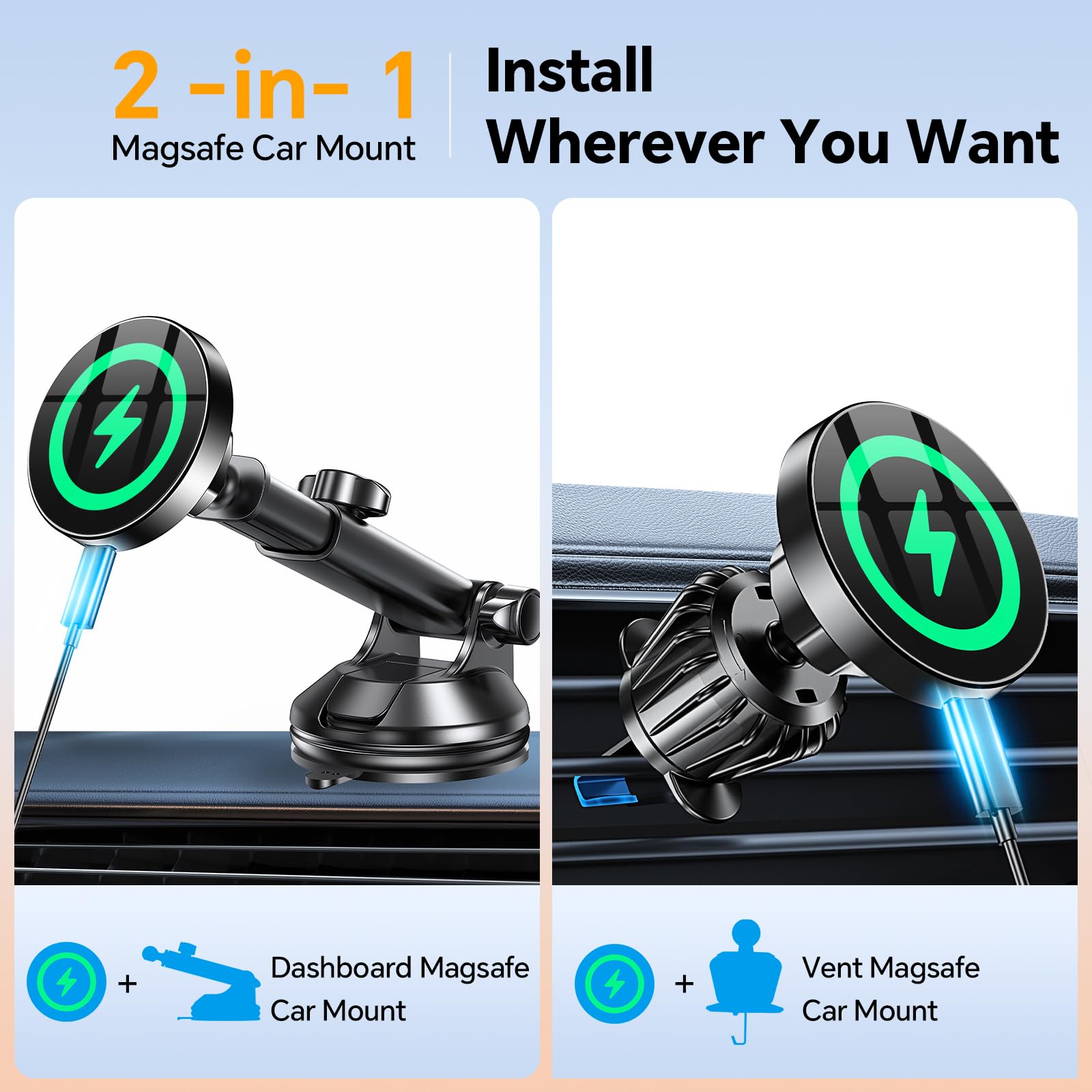 Coolpow For Magsafe Car Mount Charger【Ultra Magnet】Magnetic Phone Holders For Your Car Charger【Windshield+Vent+Dash】Magnetic Wireless Car Phone Holder Charger Car Mount For Iphone 16 Pro Max 15 14 13
