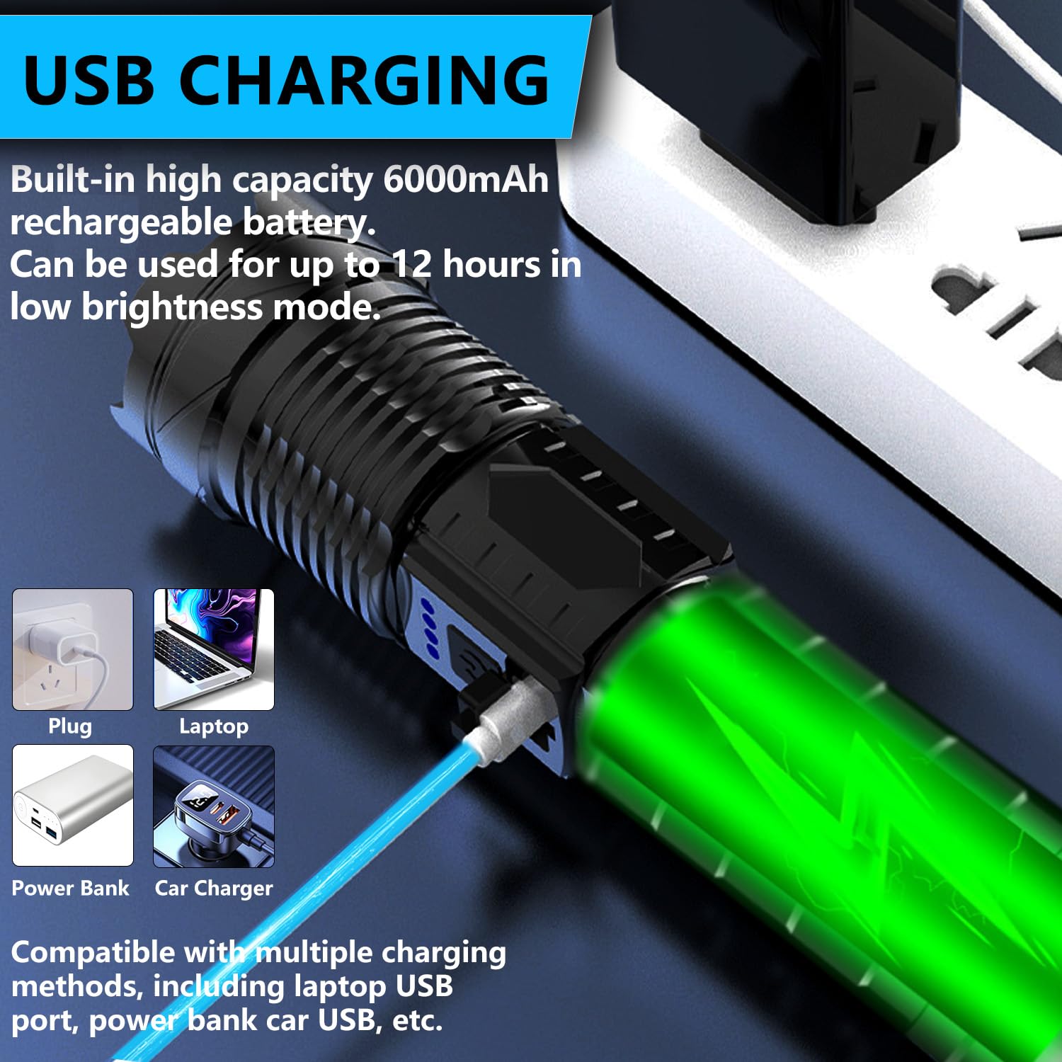 Queena Rechargeable Led Flashlights, 990,000 Lumens Super Bright Flash Light, 7 Modes With Cob Work Light, Ipx6 Waterproof, Adjustable Tactical Powerful Handheld Flash Light For Home,Camping And Emergencies