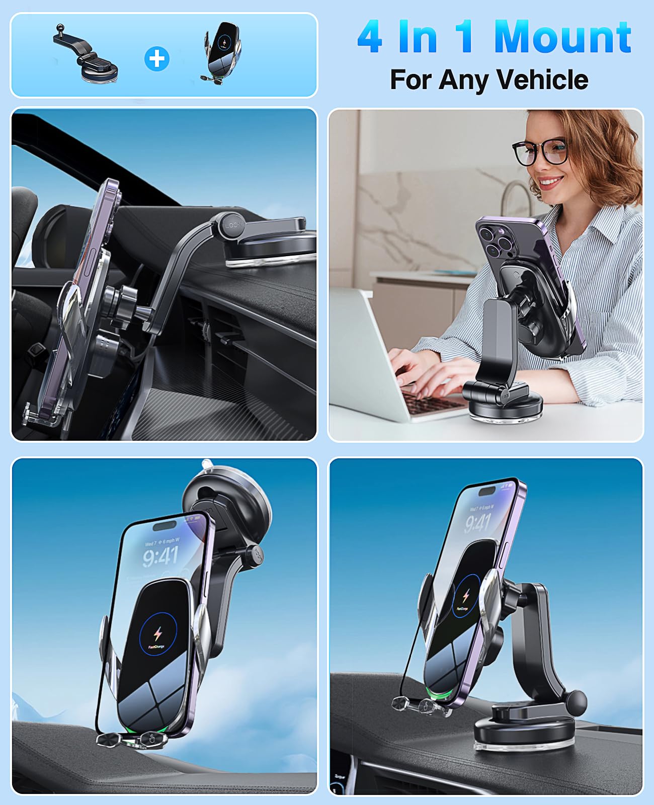 Memofo Wireless Car Charger,15W Fast Wireless Charger For Car Auto-Clamping, Fit For Iphone 15 14 13 12 11 Pro Max Xs, Samsung Galaxy S23 Ultra S22 S21 S20, S10+ S9+ Note 9, Etc…