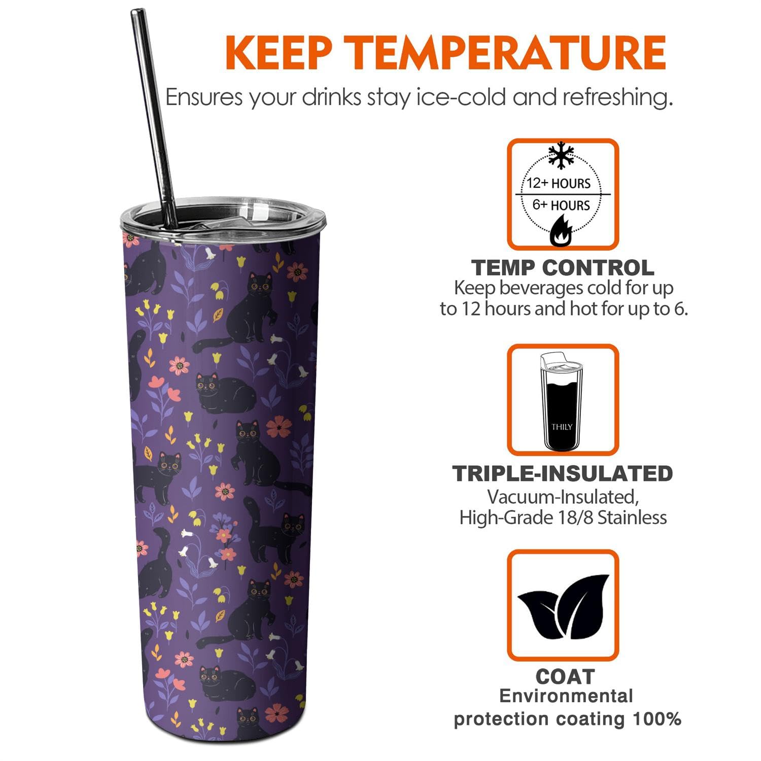 Cute Cat With Flower Tumbler With Handle And Straw, 20Oz Stainless Steel Insulated Cup