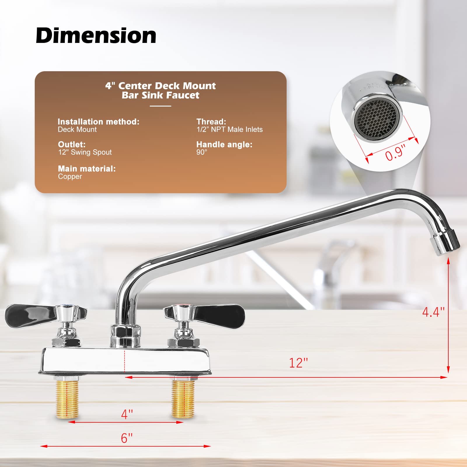 Zkdausdo Commercial Bar Sink Faucet 12" Swivel Spout, Utility Laundry Sink Faucet 4" Center Deck Mount With Ceramic Valve, Leak- Brass Constructed For Large Sink In Kitchen, Laundry Room, Garage