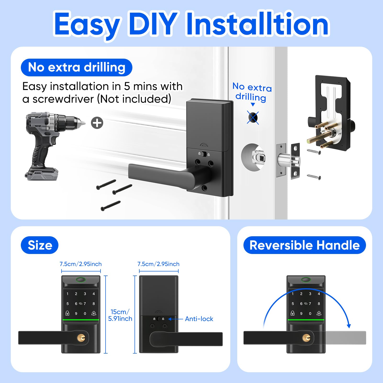 Mypin Keypad Smart Door Lock With Handle, Keyless Entry Door Lock Deadbolt For Front Door, Smart Auto Lock Door With Phone/Watch App Control, Biometric Fingerprint Door Handle Lock With 7 Ways To Unlock