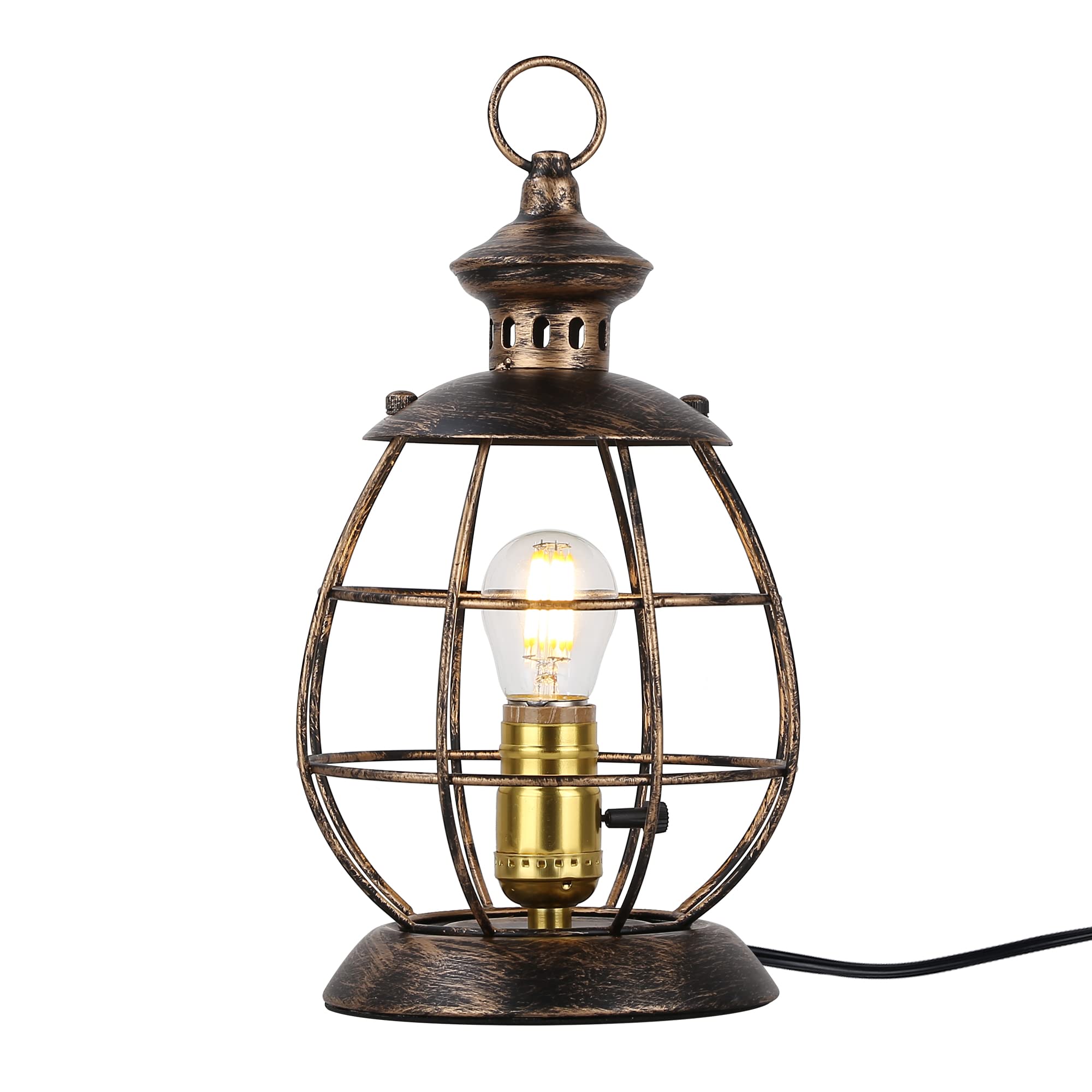 Sunllok Vintage Metal Lantern Table Lamp For Living Room, Industrial 12.2''H Anti Rustic Reading Bedside Desk Lamp - Hurricane Nightstand Light For Outdoor Hallway Porch Patio, Electric Plugs, Gold