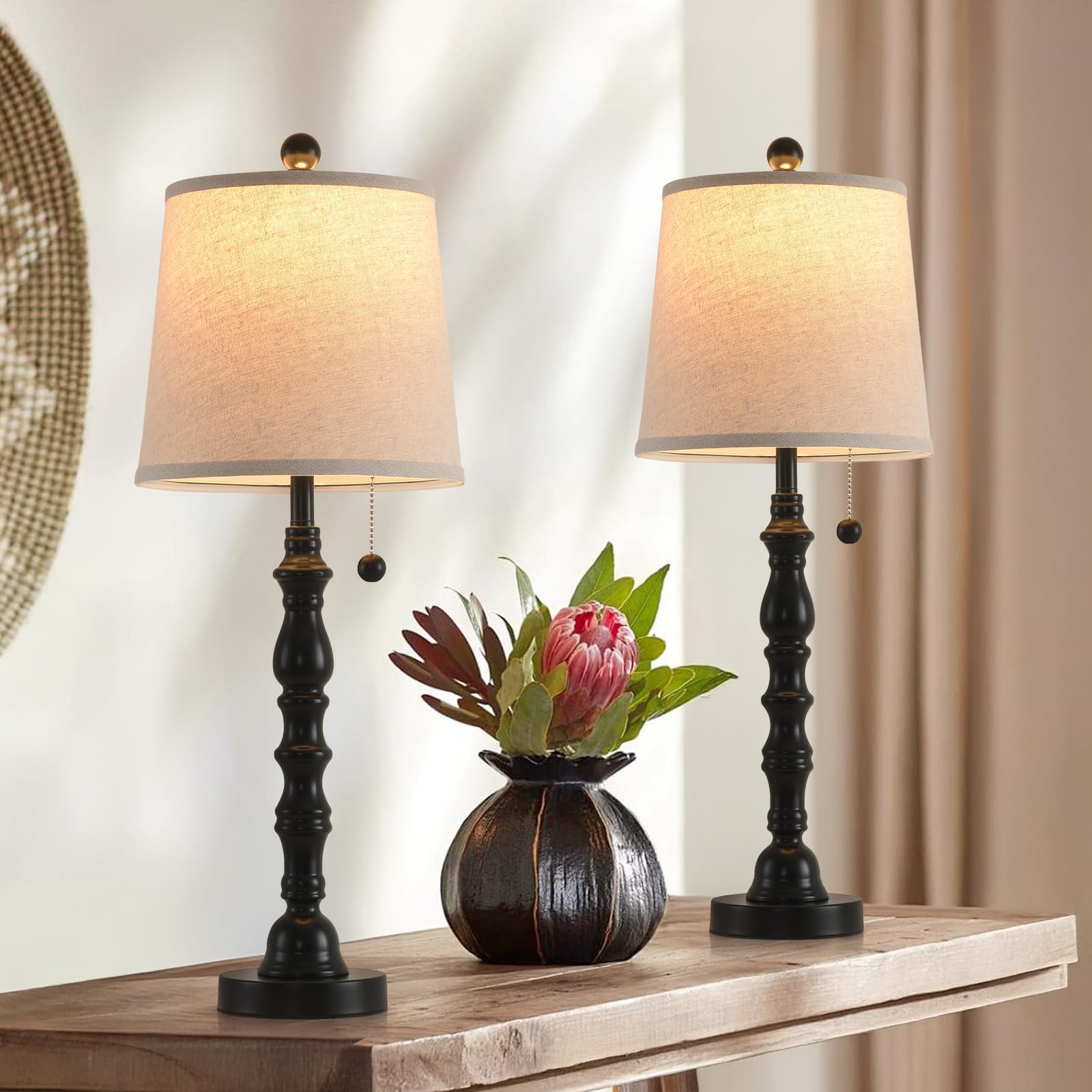 Terpsichore Lamps Set Of 2 Modern Farmhouse Table Lamp Bedside Reading Lights Living Room End Lamps Night Stands Bedroom Night Light,High 26.25 Inch,Black,With Fabric Lamp Shade,Bulb Not Included
