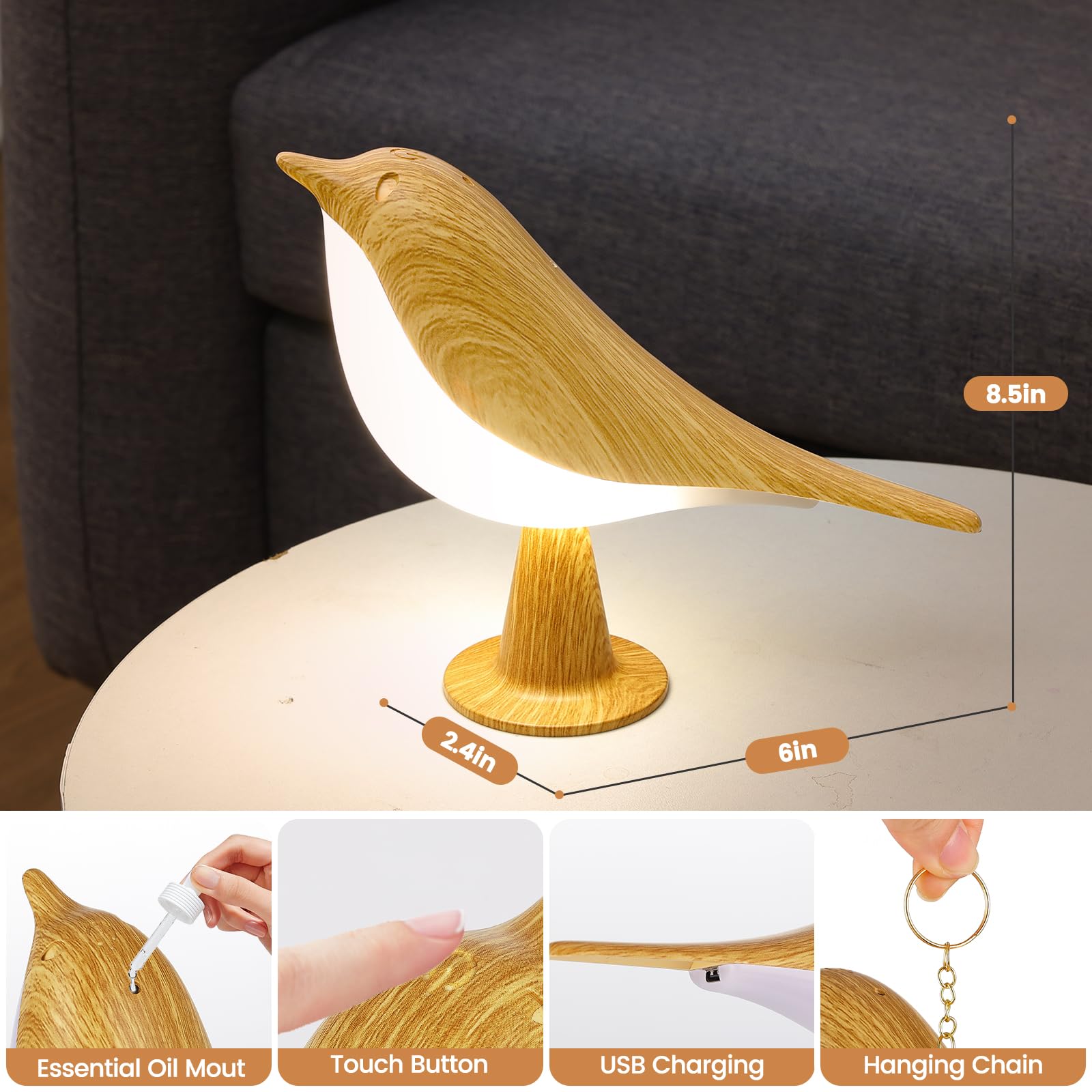 Haotao Small Cute Bird Table Lamp, Touch Night Light, Cordless Bedside Lamps, Desk Lamp, 3-Way Dimmable Usb Rechargeable Battery 2600Mah Nightstand Lamps For Bedroom, Bird Decor