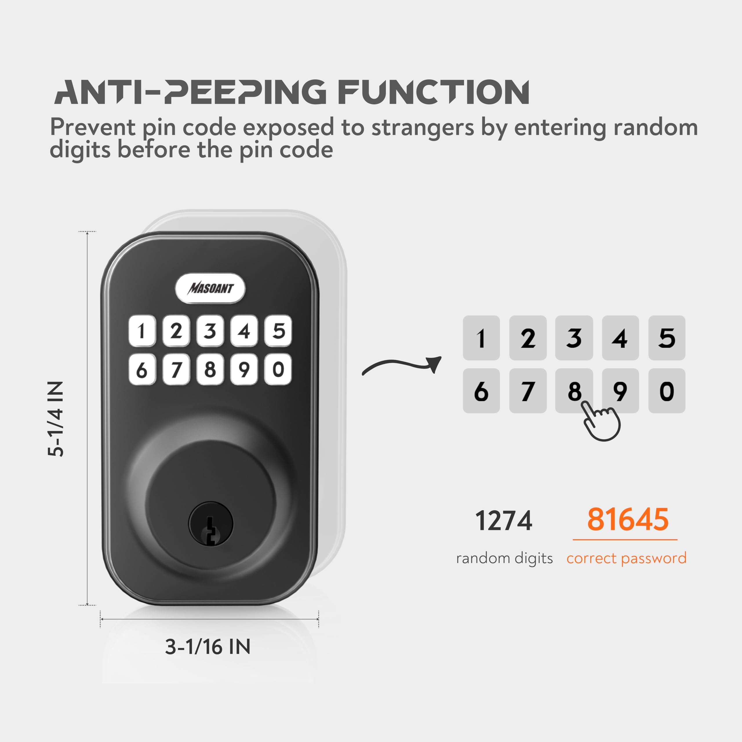 Masoant Keypad Deadbolt Lock Electronic Keyless Front Door Auto Lock Easy Installation Digital Code Anti-Peeping Password Weatherproofing Matte Black