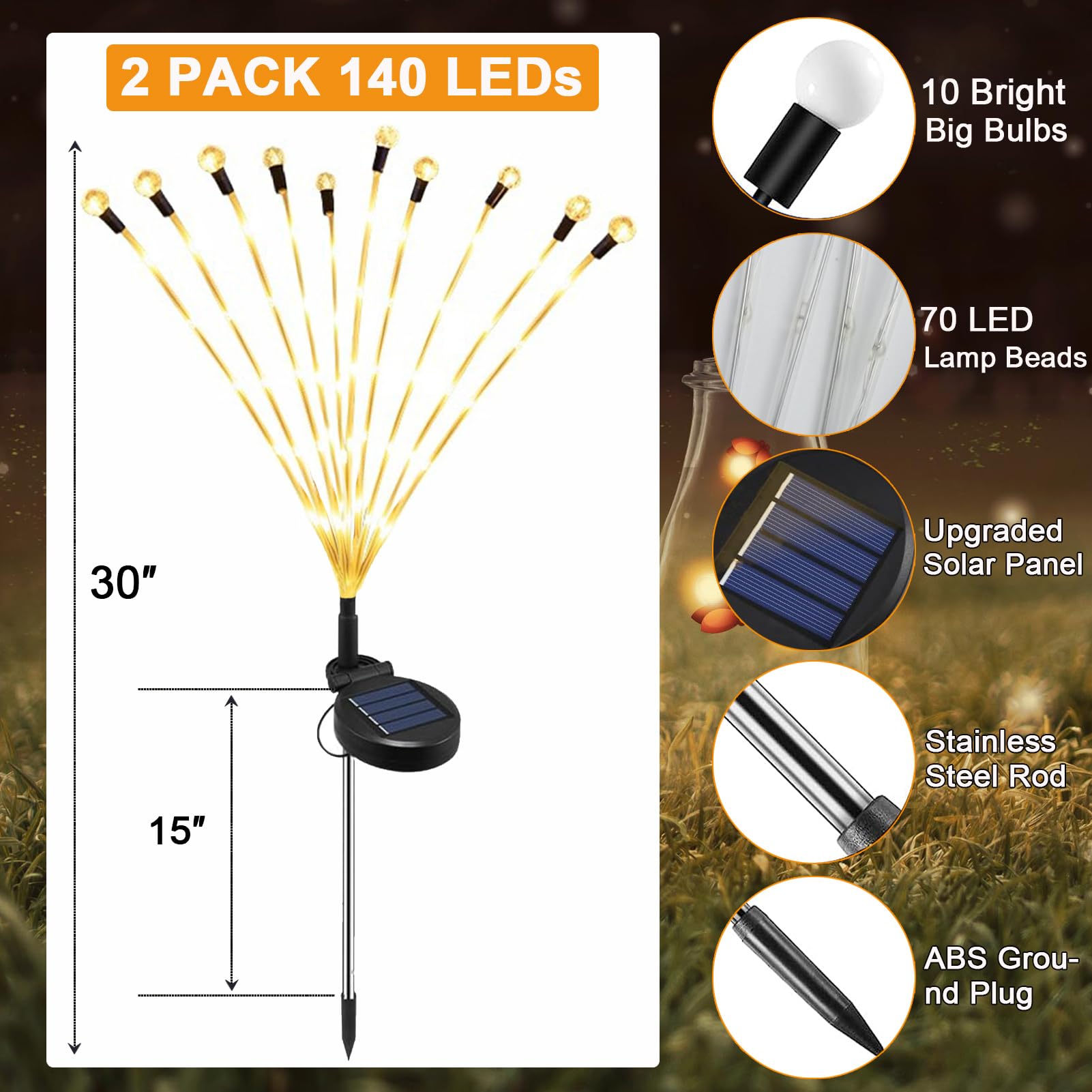 Acinlitglow Solar Garden Light Outdoor Waterproof Solar Yard Decorations Light, Big Bulb Solar Swaying Firefly Light For Patio Pathway Decor, High Flexibility Copper Wire & Heavy Bulb Base 2 Pack