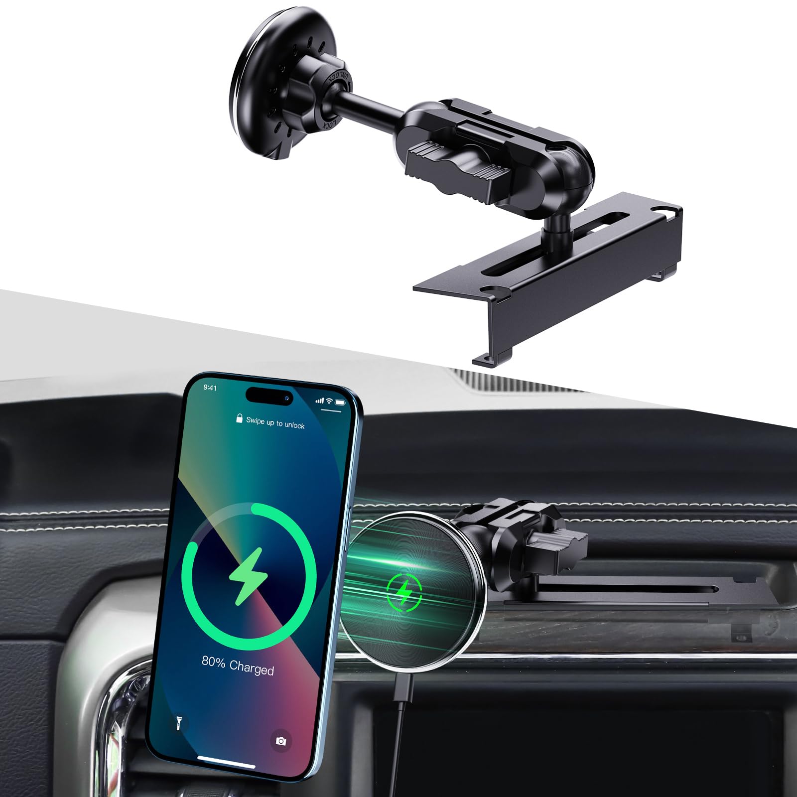 Kaishengyuan Magnetic Phone Mount With Wireless Charging For Ram Truck 2013-2018, Dash Mount Cell Phone Holder Compatible With Ram 1500/2500/3500 & 2019+ Classic 360° Rotation Smartphone Cradles