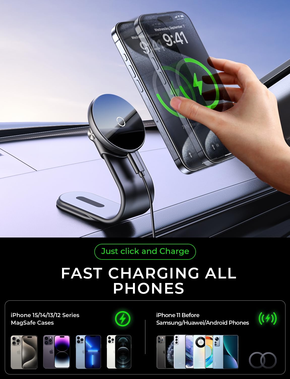 Arshot For Magsafe Car Mount Charger 15W Adjustable Aluminum Alloy Arm, Magnetic Wireless Fast Charging Cell Phone Holder For Car & For Iphone