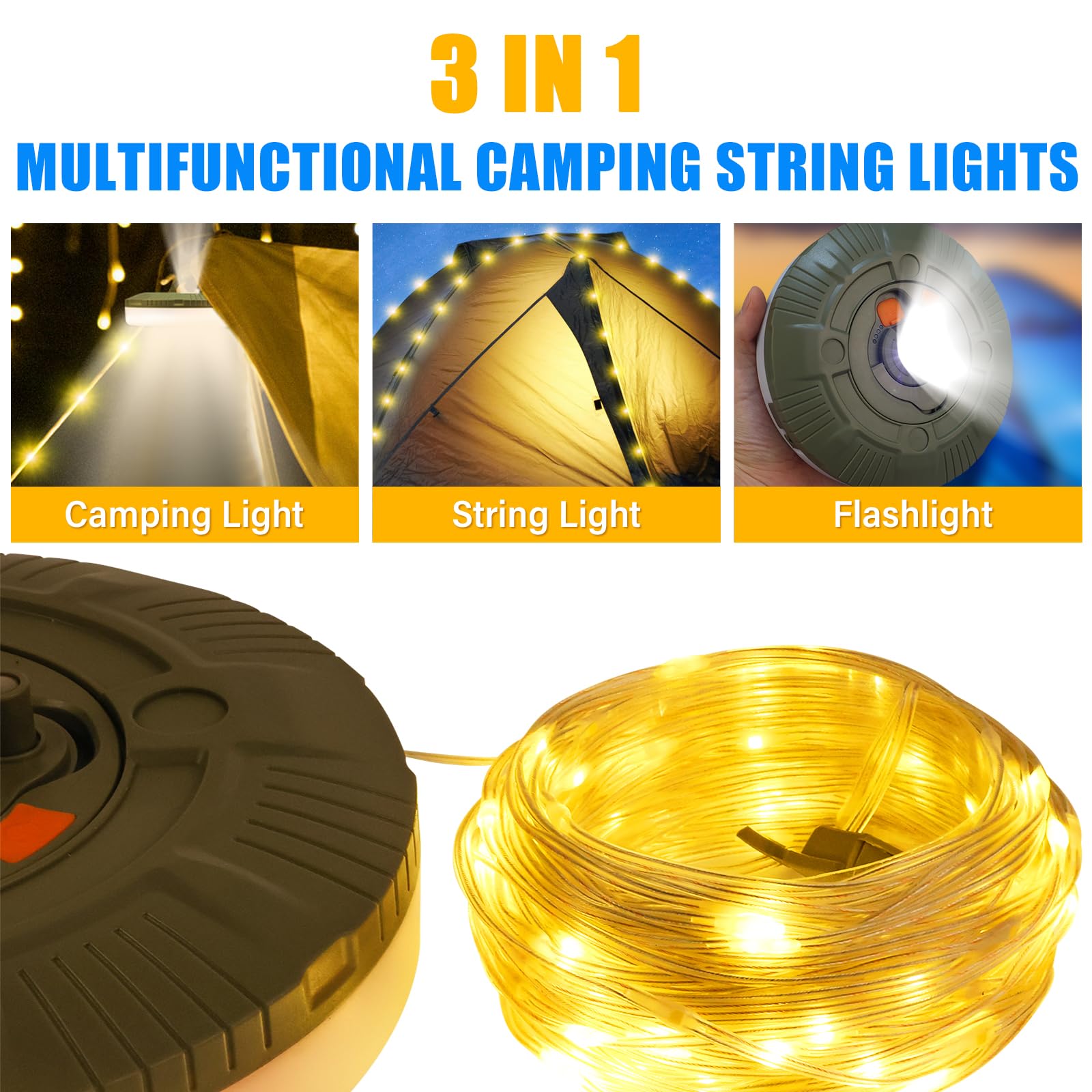 Lembopo 4 In 1 Retractable Camping String Lights Essentials, 65.6Ft Extra Long Rechargeable Camp Lights String, Led Camping Outdoor Tent Rope Lights Gear For Yard Patio Camper Decor Accessories