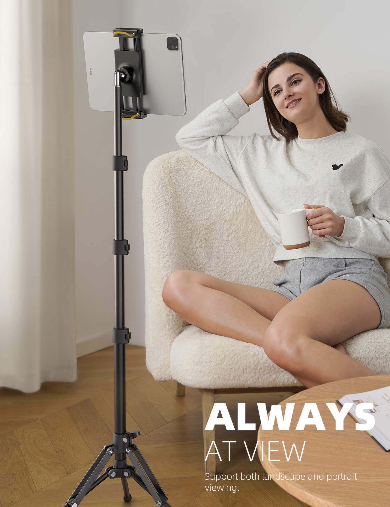 Lamicall Tablet Floor Tripod Stand - 64.9" Tablet Holder Mount With Adjustable Height For Stream/Watching With Bluetooth Remote, For Ipad Pro 12.9, Mini, Air, Iphone And 4.7-13" Tablet And Cellphone